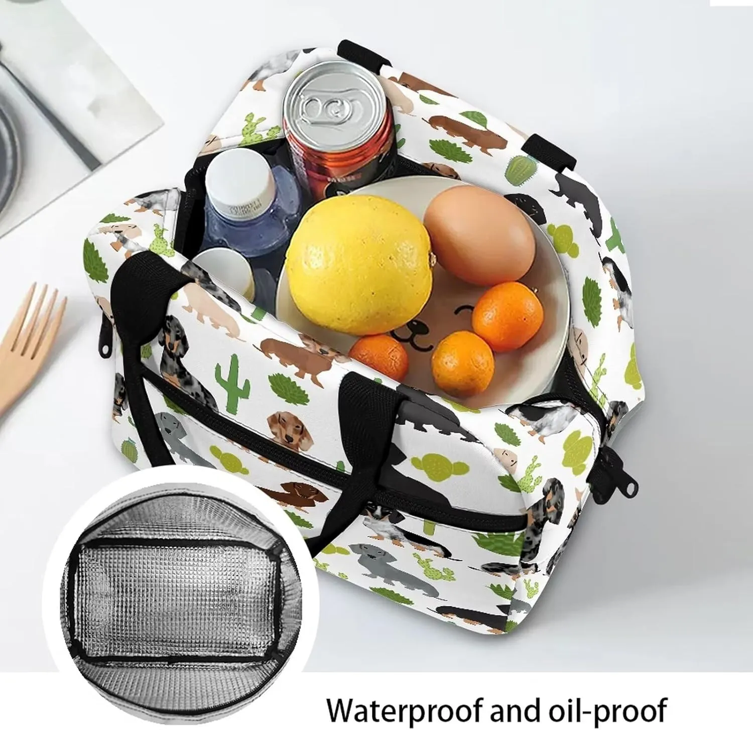 Babrukda Lunch Box Insulated Lunch Bag Waterproof with Adjustable Shoulder Strap Reusable Cross Body Tote for Kids Teens Dachshund Print