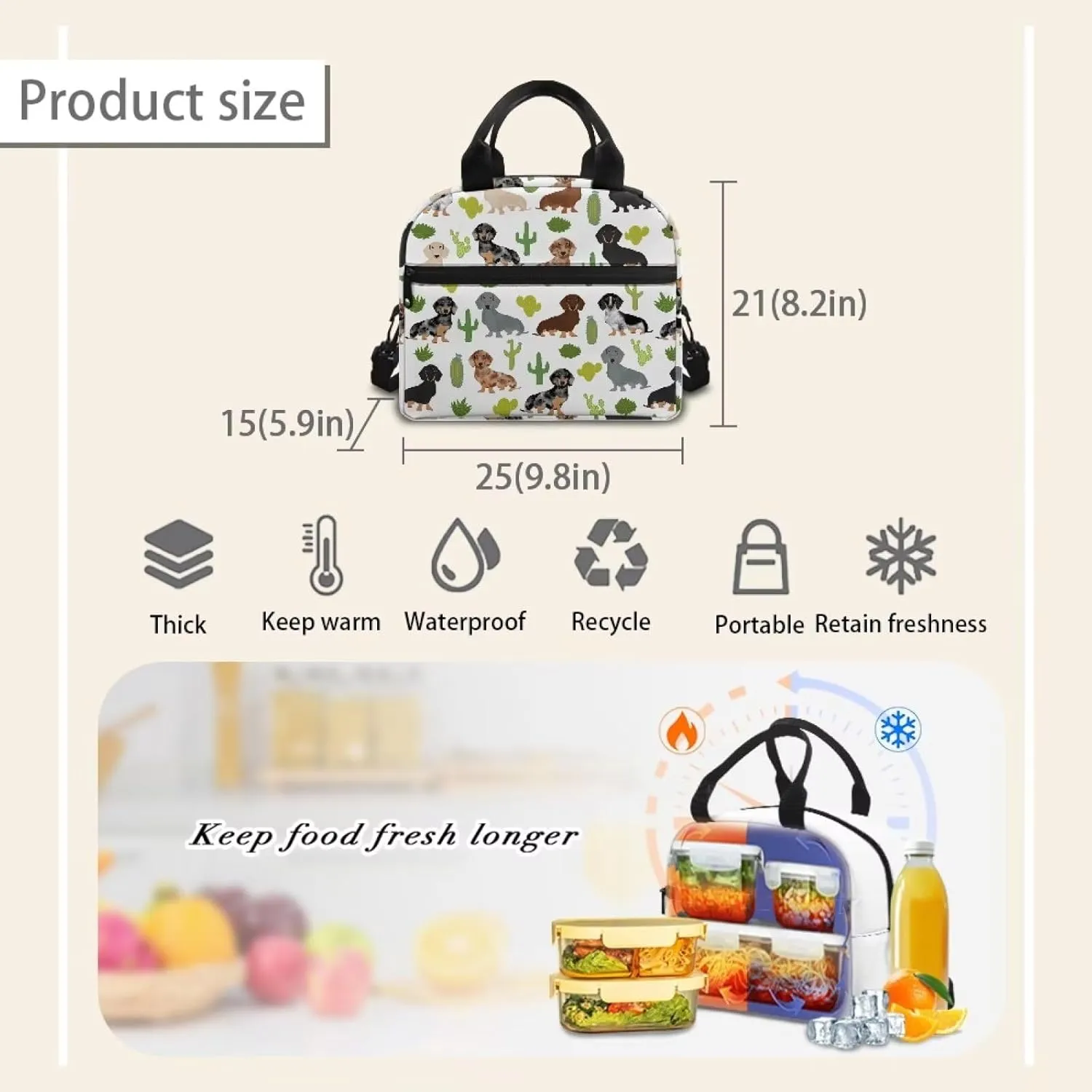 Babrukda Lunch Box Insulated Lunch Bag Waterproof with Adjustable Shoulder Strap Reusable Cross Body Tote for Kids Teens Dachshund Print