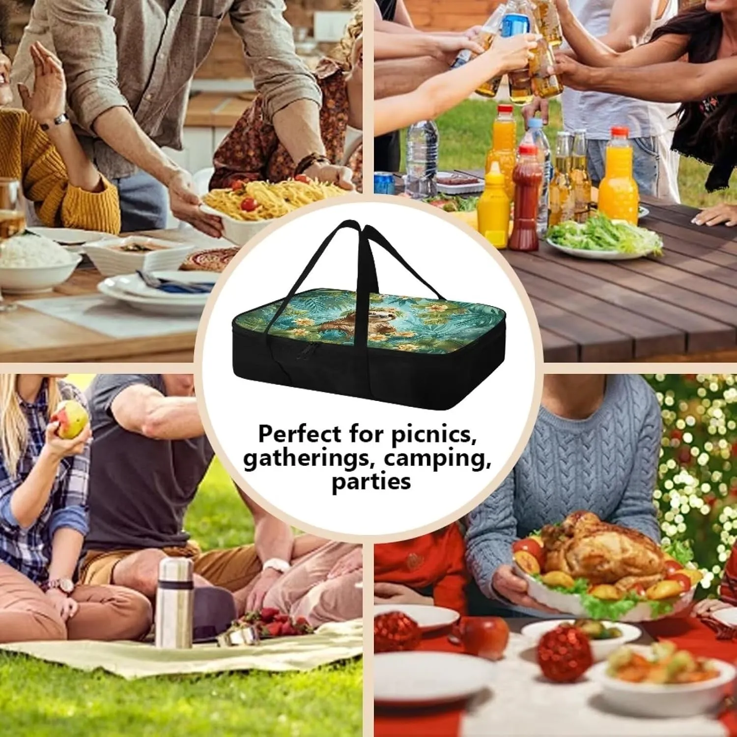 Babrukda Tropic Palm Leaves Sloth Insulated Casserole Baking Dish Bag Leak-Proof Insulated Casserole Carrier for Hot or Cold Food Lasagna Lunch Bag for Parties, Picnic, Beach