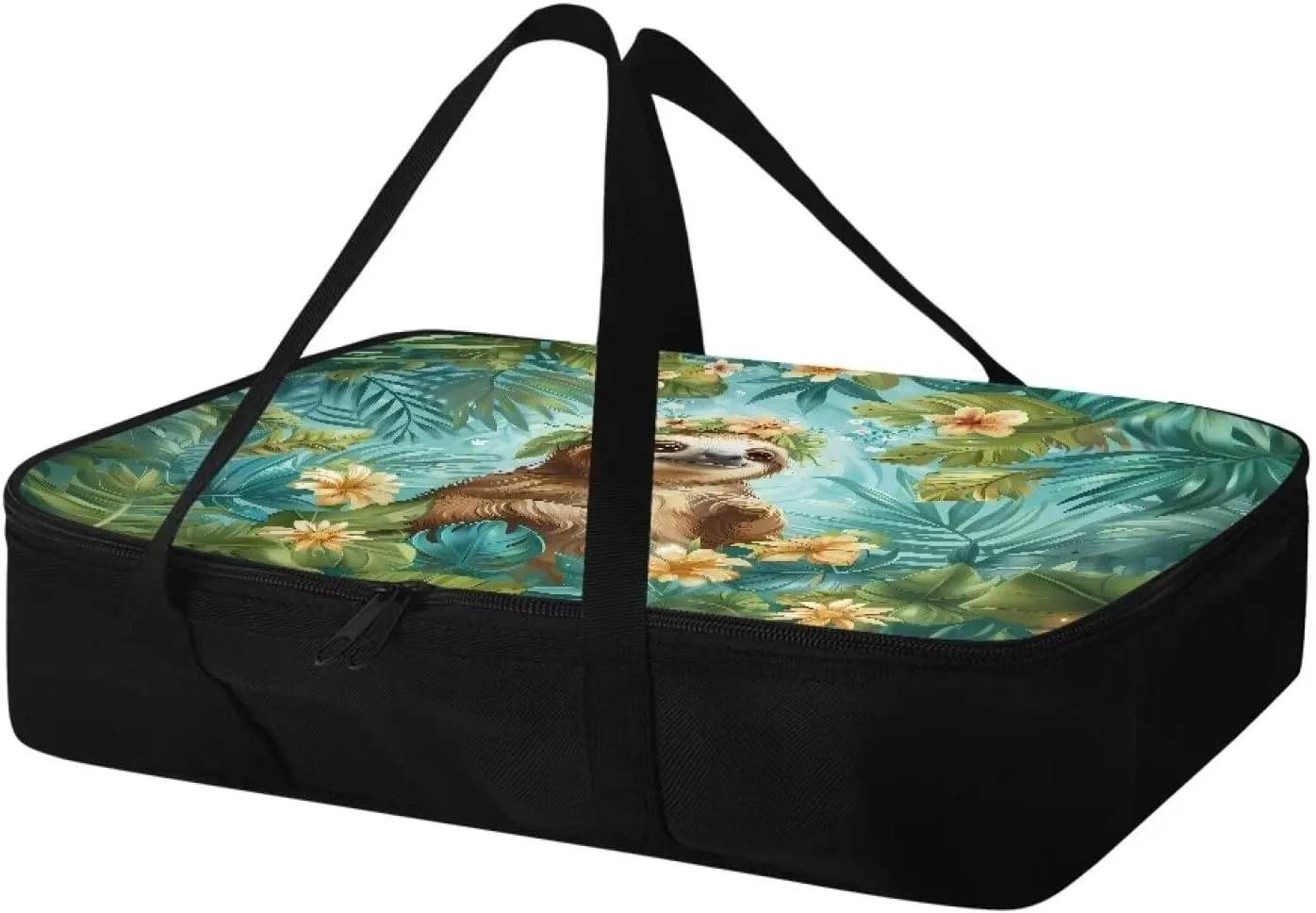 Babrukda Tropic Palm Leaves Sloth Insulated Casserole Baking Dish Bag Leak-Proof Insulated Casserole Carrier for Hot or Cold Food Lasagna Lunch Bag for Parties, Picnic, Beach