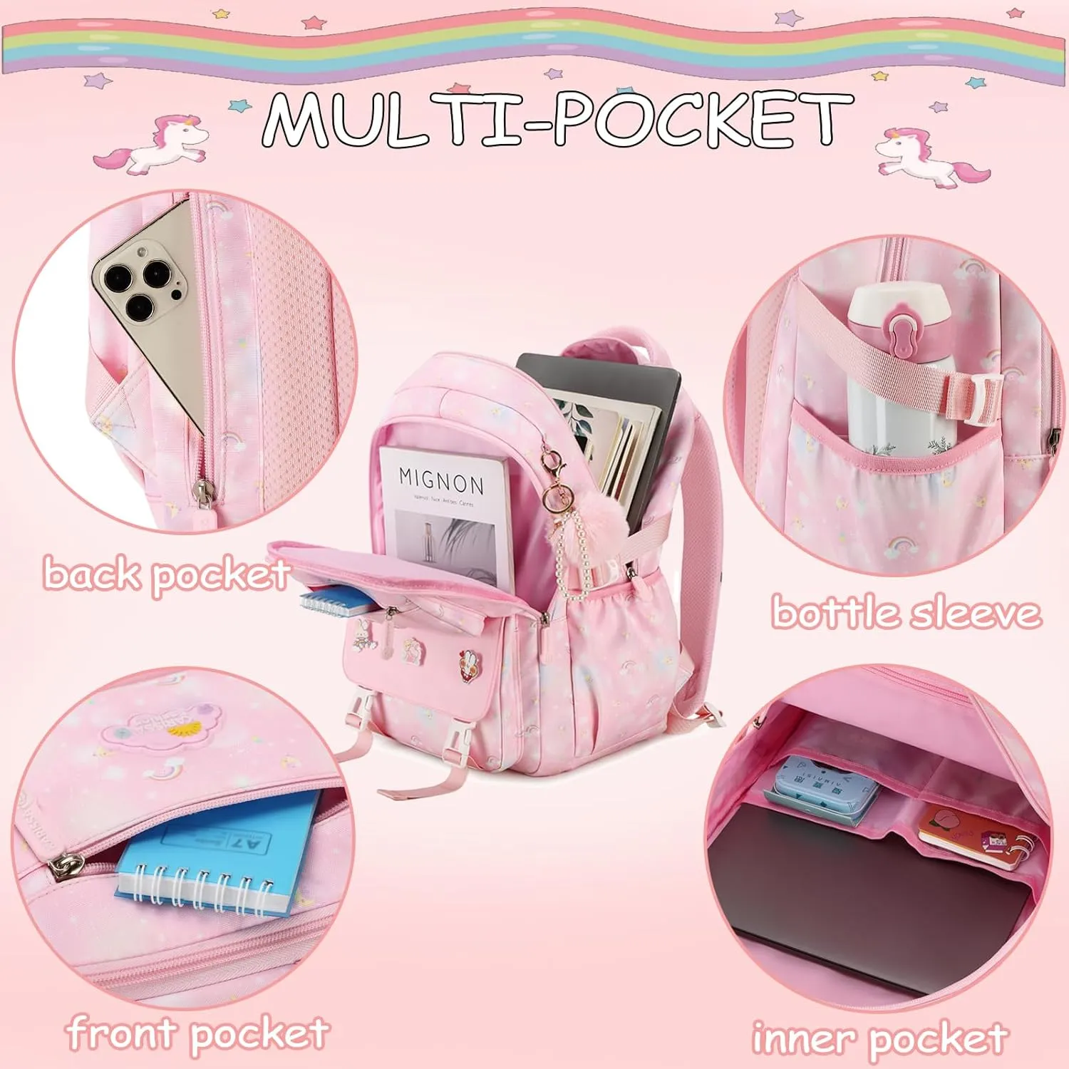 Backpack for Girls, Cute Kids Backpack for Elementary Primary School,Kawaii Bookbag with Pins