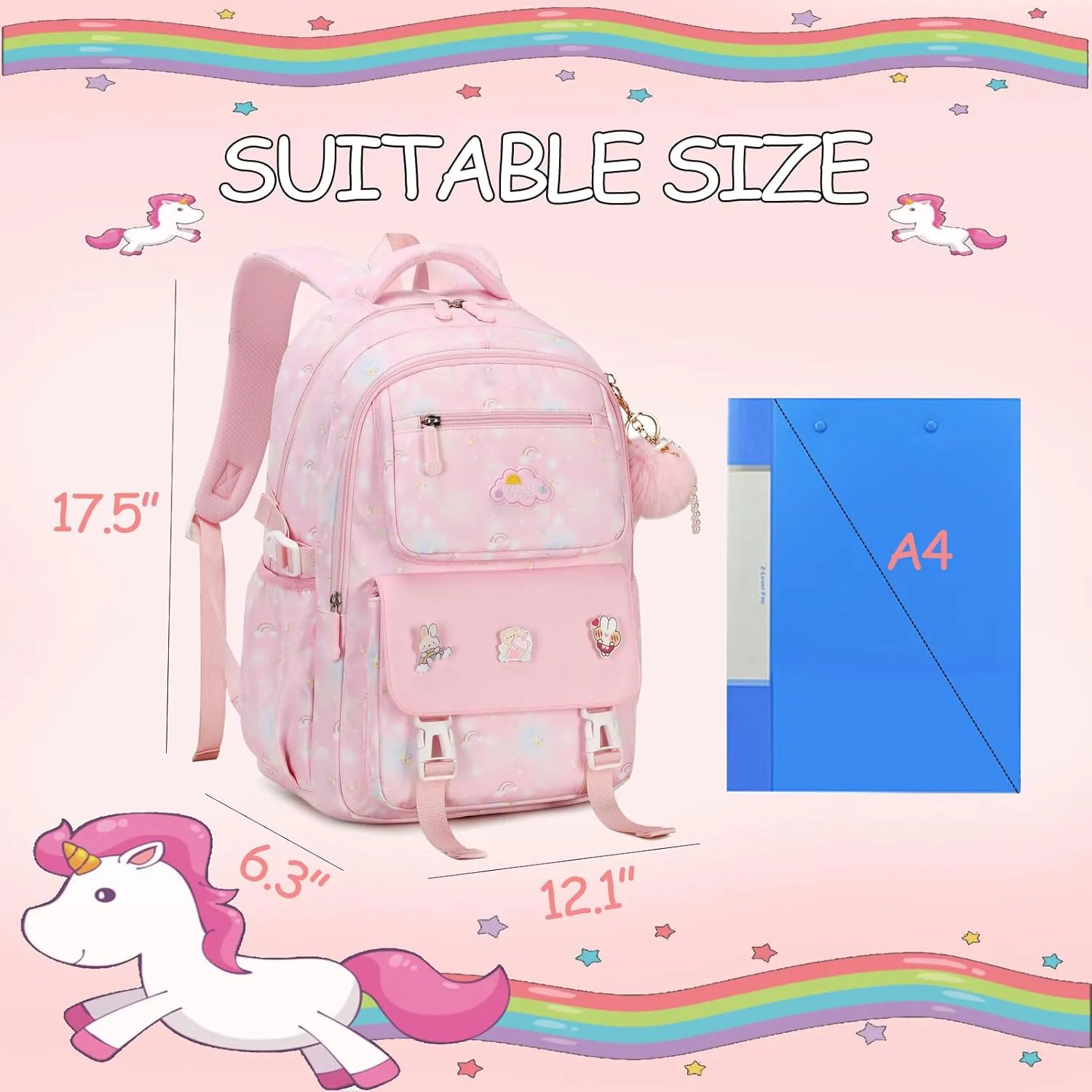 Backpack for Girls, Cute Kids Backpack for Elementary Primary School,Kawaii Bookbag with Pins