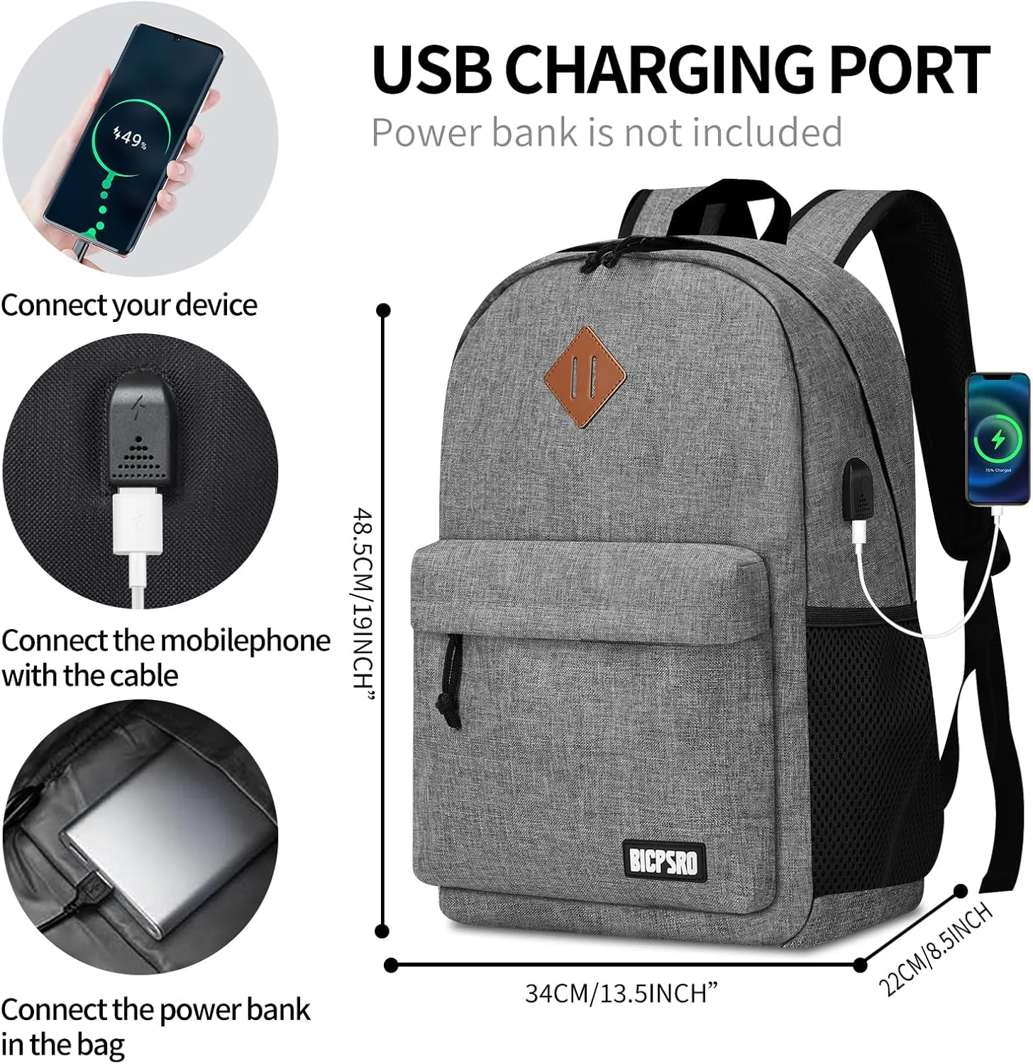 Backpack for Women Men, Lightweight School Backpack for Girls Boys Teens, 17.3 Inch Laptop Daily Use back pack with USB Charger, College High School Bookbag mochilas para hombres, Grey