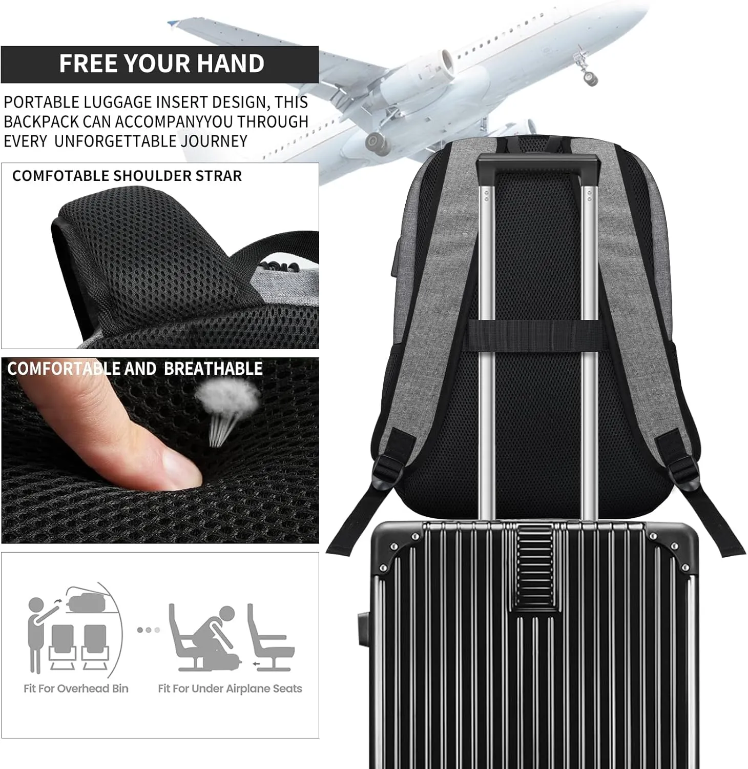 Backpack for Women Men, Lightweight School Backpack for Girls Boys Teens, 17.3 Inch Laptop Daily Use back pack with USB Charger, College High School Bookbag mochilas para hombres, Grey