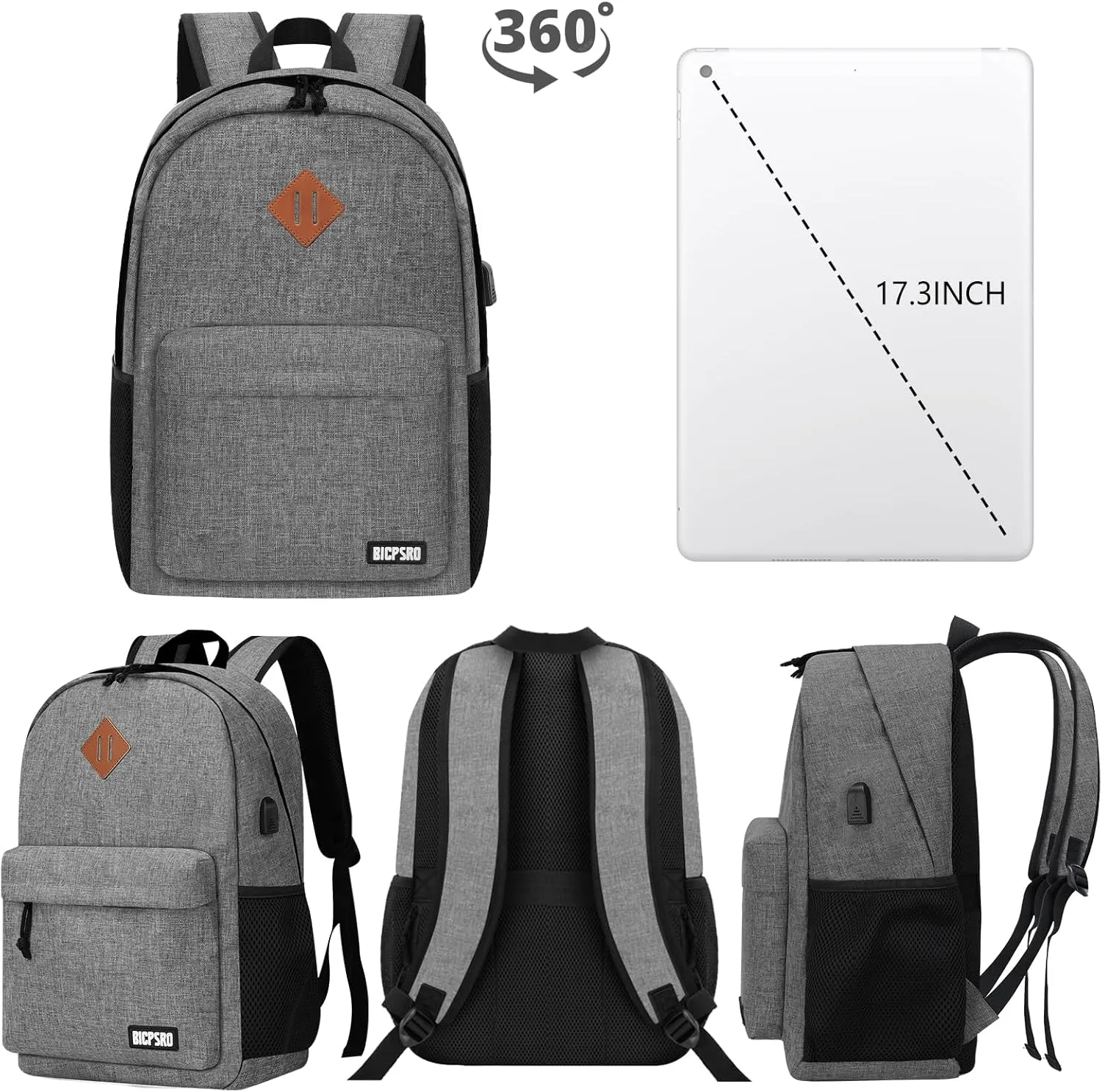 Backpack for Women Men, Lightweight School Backpack for Girls Boys Teens, 17.3 Inch Laptop Daily Use back pack with USB Charger, College High School Bookbag mochilas para hombres, Grey