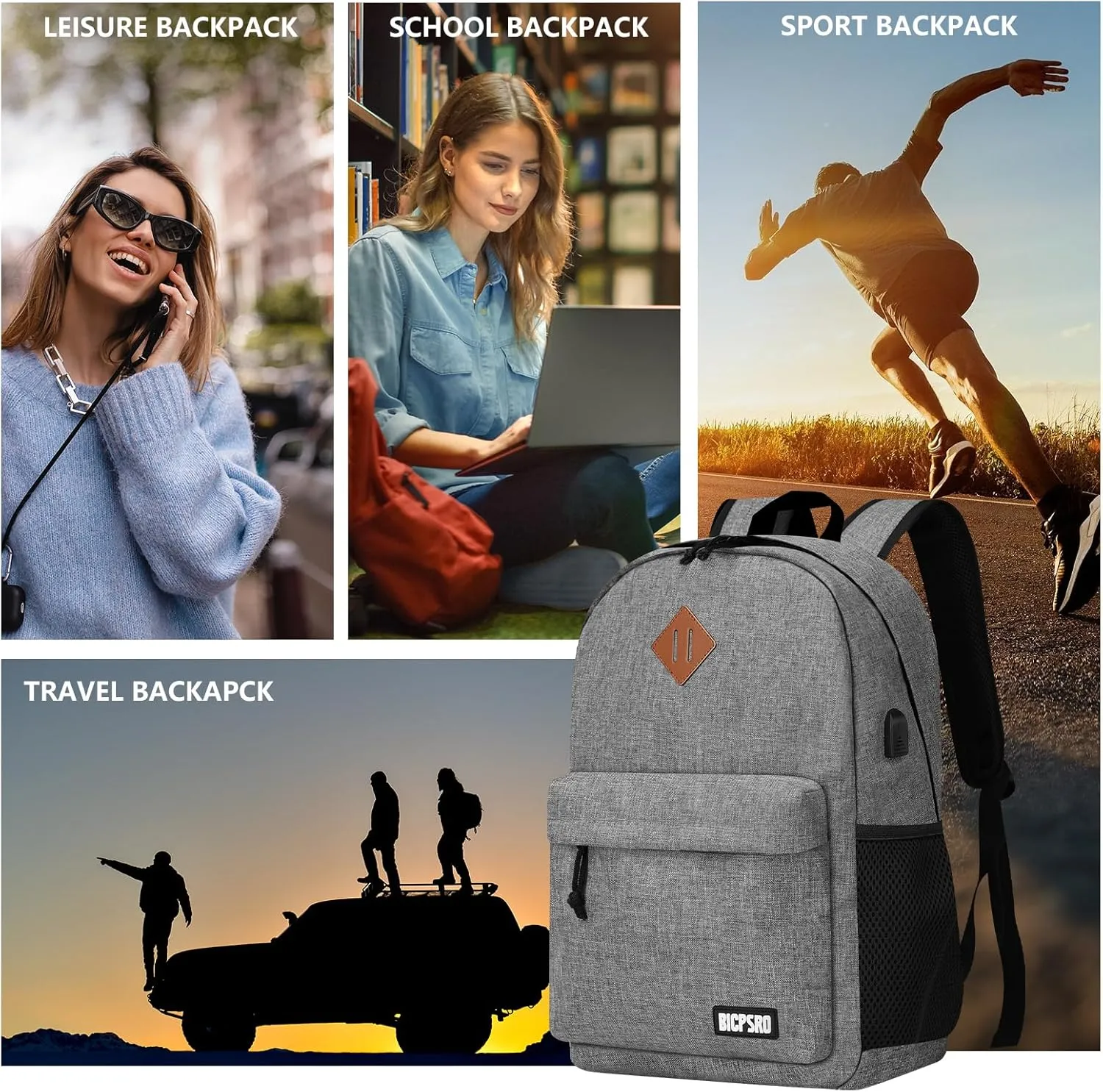 Backpack for Women Men, Lightweight School Backpack for Girls Boys Teens, 17.3 Inch Laptop Daily Use back pack with USB Charger, College High School Bookbag mochilas para hombres, Grey