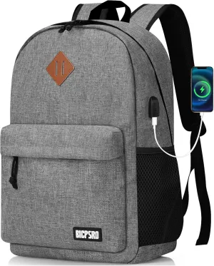 Backpack for Women Men, Lightweight School Backpack for Girls Boys Teens, 17.3 Inch Laptop Daily Use back pack with USB Charger, College High School Bookbag mochilas para hombres, Grey