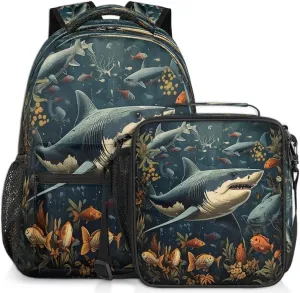Backpack with Lunch Box Shark Seabed Aniaml Travel Backpack Bookbag & Lunch Bag Insulated Lunchbox Waterproof Daypack Laptop Backpack Freezable Lunch Bag