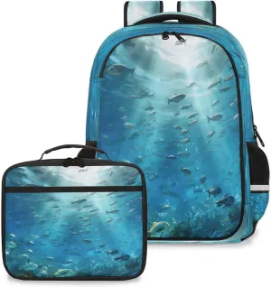 Backpack with Lunch Box Travel Backpack Seabed Animal Lunch Bag & Laptop Backpack Bookbag Insulated Lunchbox Freezable Lunch Bag Waterproof Daypack