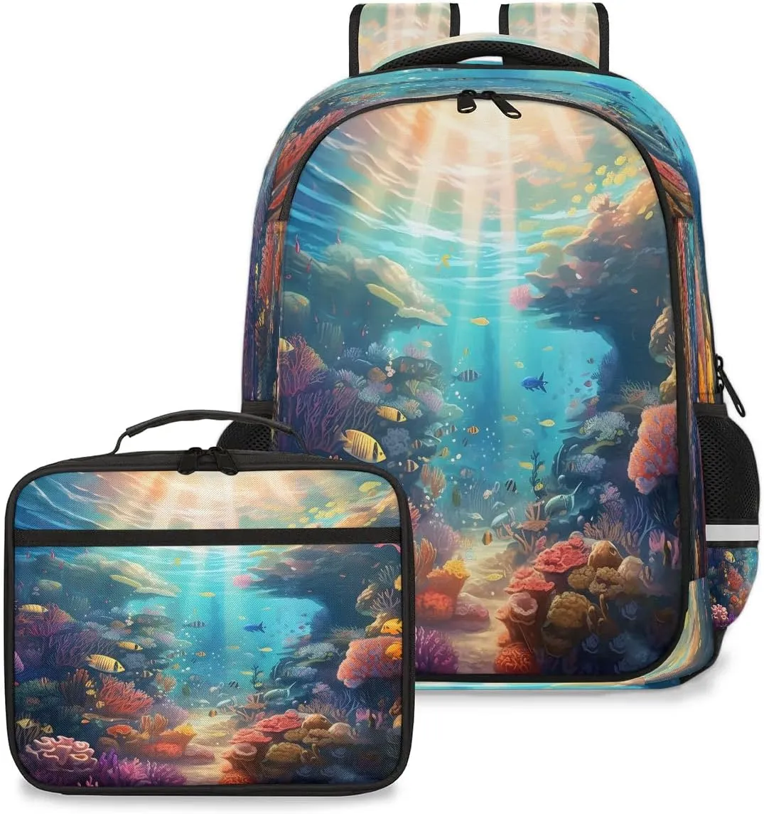 Backpack with Lunch Box Travel Backpack Seabed World Lunch Bag & Laptop Backpack Bookbag Insulated Lunchbox Freezable Lunch Bag Waterproof Daypack
