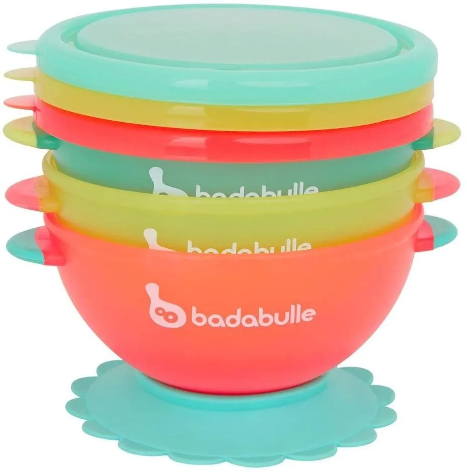 Badabulle - 2 In 1 Bowl & Containers With Lid | Non-Slip Suction Base, Stackable Bowls With Lids | On The Go Bowls | Multicolor, Pack Of 3