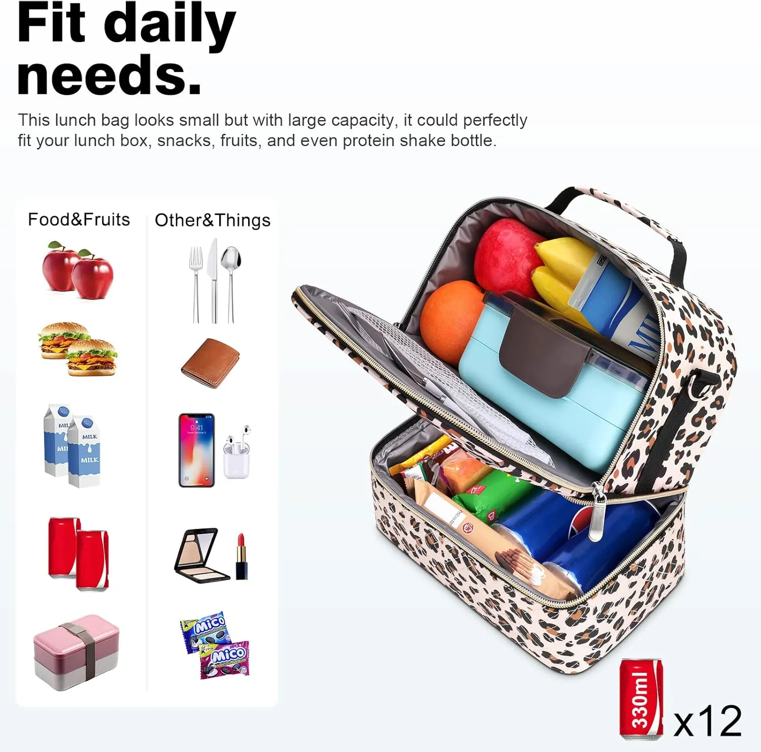 BALORAY Lunch Bag Women Men, Double Deck Lunch Box Insulated Lunch Bag for Adults Work Office Picnic, Leakproof Cooler Bag with Adjustable Shoulder Strap