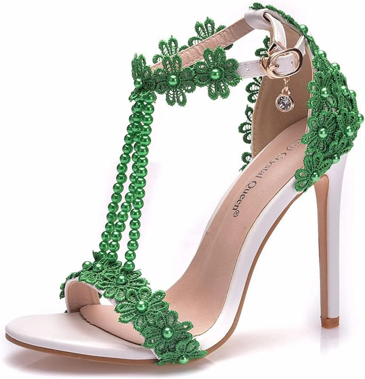 bbruriy Women Full Lace Beaded Pumps Stilettos High Heels with Floral Lace Pearls Beaded T-Strap Open Toe Heeled Sandals Bridal Wedding Party Shoes