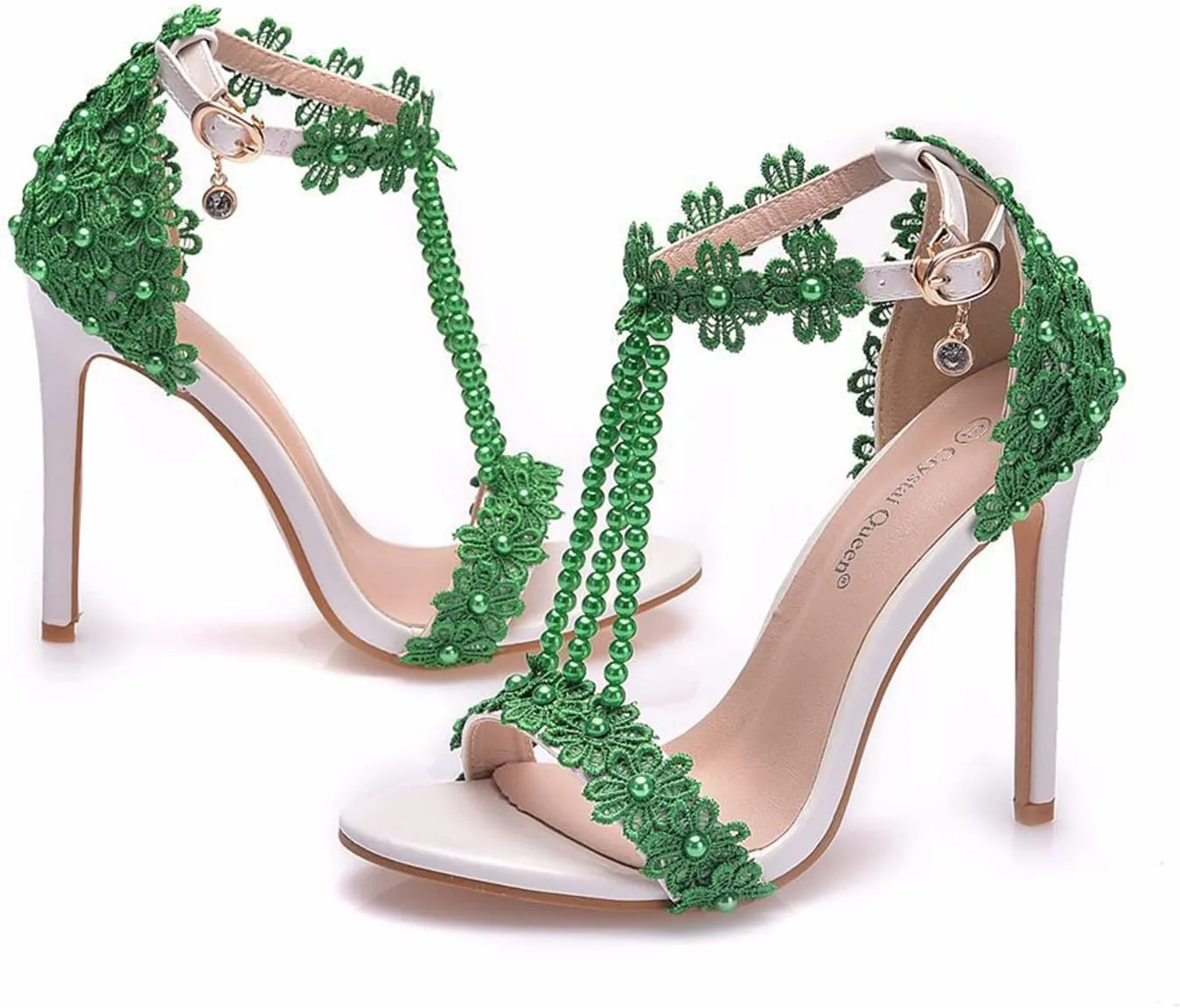 bbruriy Women Full Lace Beaded Pumps Stilettos High Heels with Floral Lace Pearls Beaded T-Strap Open Toe Heeled Sandals Bridal Wedding Party Shoes