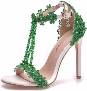 bbruriy Women Full Lace Beaded Pumps Stilettos High Heels with Floral Lace Pearls Beaded T-Strap Open Toe Heeled Sandals Bridal Wedding Party Shoes