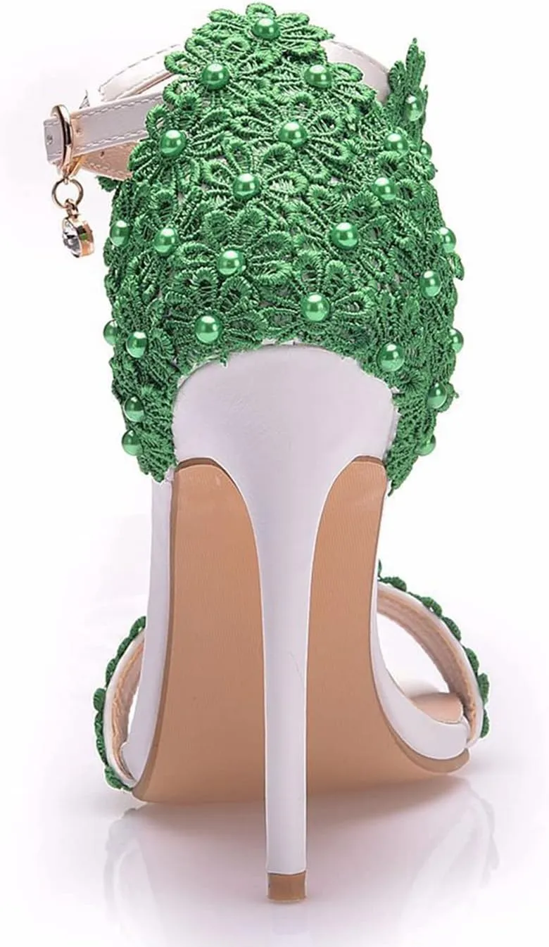 bbruriy Women Full Lace Beaded Pumps Stilettos High Heels with Floral Lace Pearls Beaded T-Strap Open Toe Heeled Sandals Bridal Wedding Party Shoes