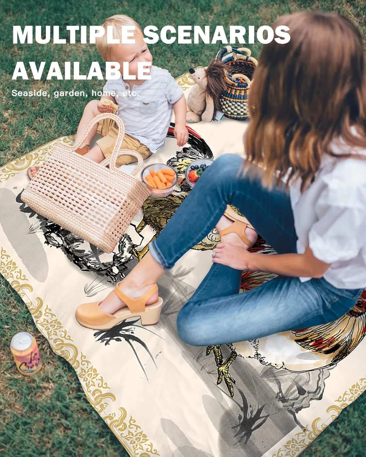 Beach Blanket Sandproof, Farmhouse Chicken Flower Ink Painting Beige Waterproof Beach Mat Lightweight Quick Drying Picnic Blanket Beach Essentials for Travel Camping Hiking 83x79in