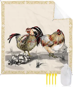 Beach Blanket Sandproof, Farmhouse Chicken Flower Ink Painting Beige Waterproof Beach Mat Lightweight Quick Drying Picnic Blanket Beach Essentials for Travel Camping Hiking 83x79in