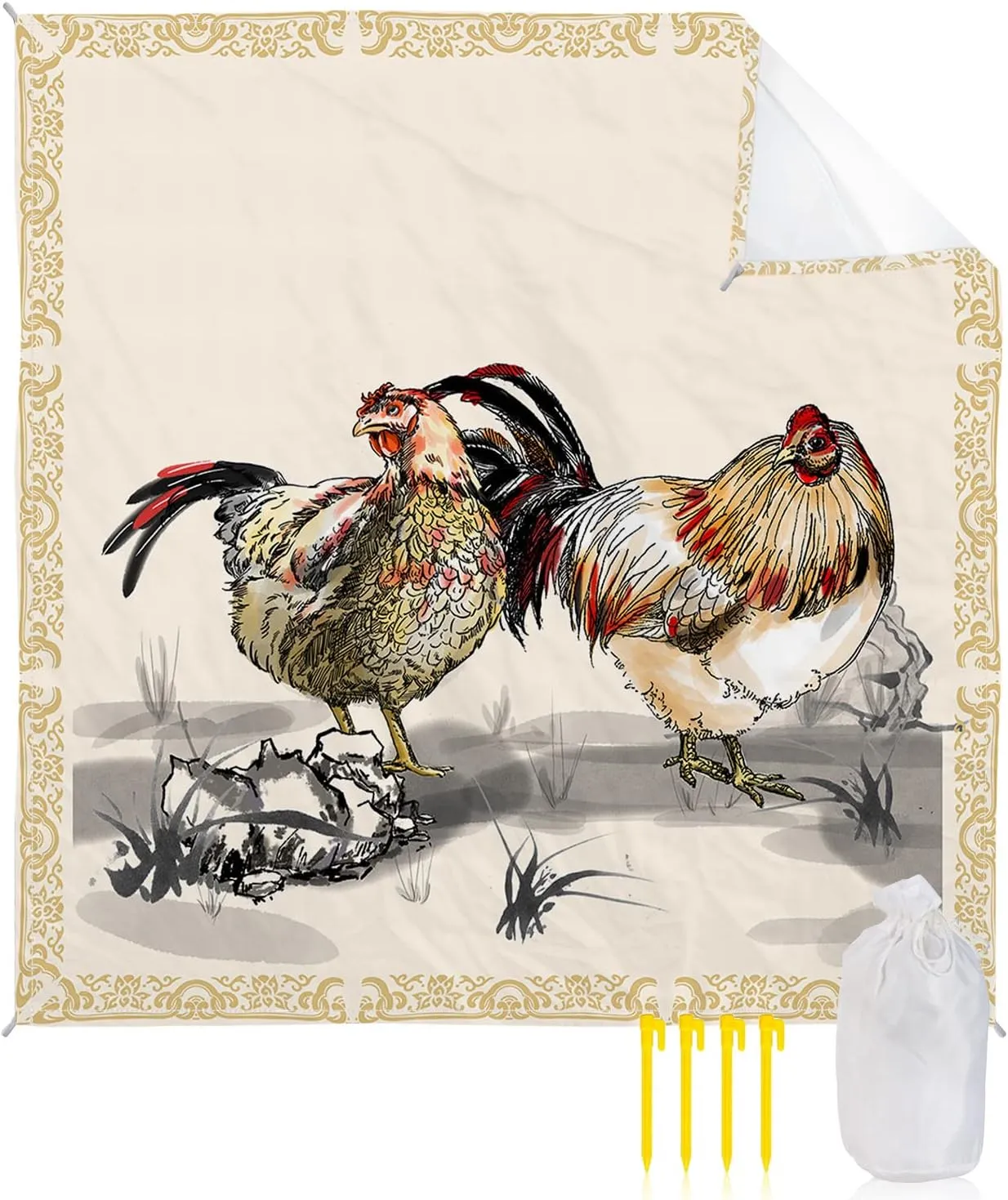 Beach Blanket Sandproof, Farmhouse Chicken Flower Ink Painting Beige Waterproof Beach Mat Lightweight Quick Drying Picnic Blanket Beach Essentials for Travel Camping Hiking 83x79in
