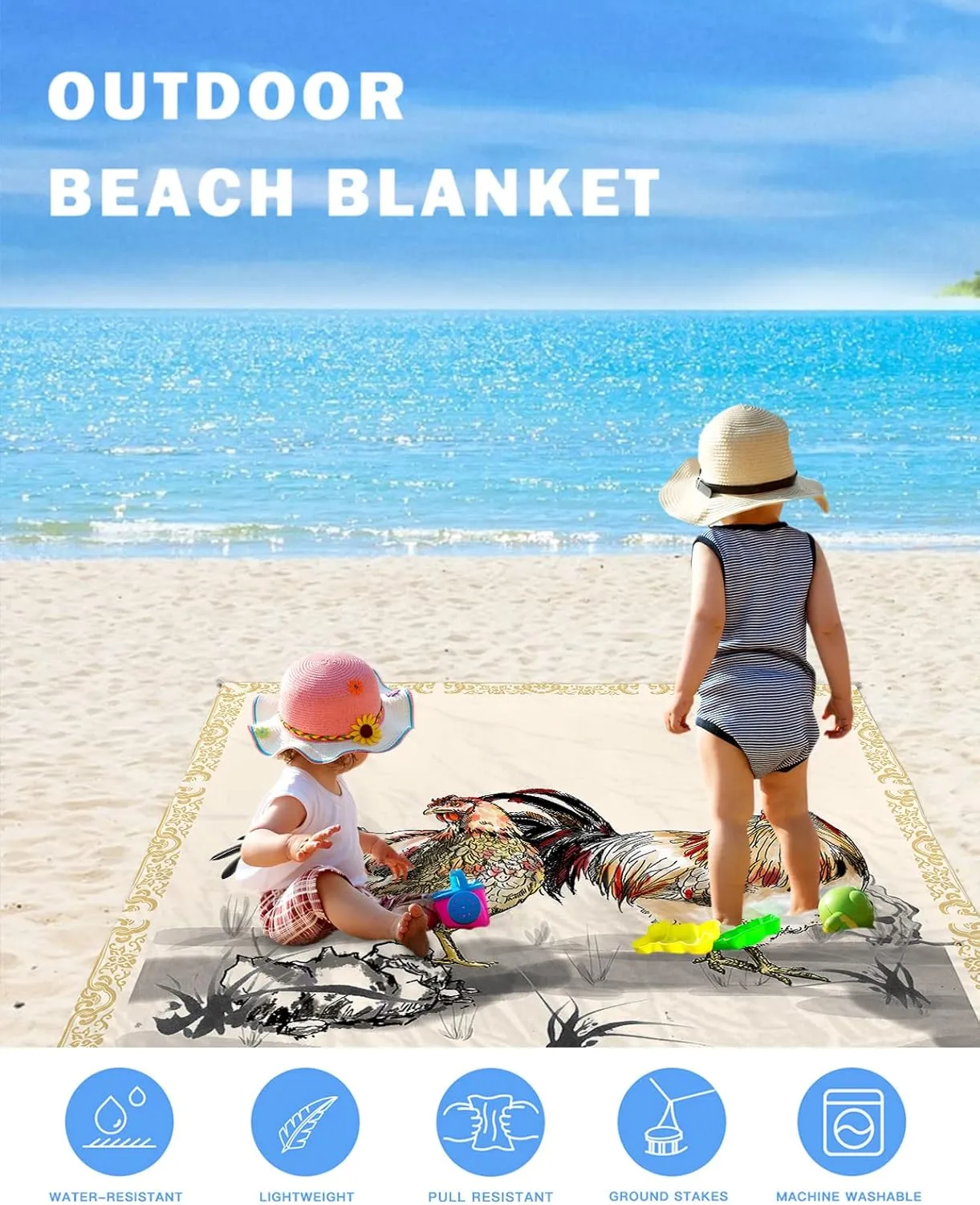 Beach Blanket Sandproof, Farmhouse Chicken Flower Ink Painting Beige Waterproof Beach Mat Lightweight Quick Drying Picnic Blanket Beach Essentials for Travel Camping Hiking 83x79in