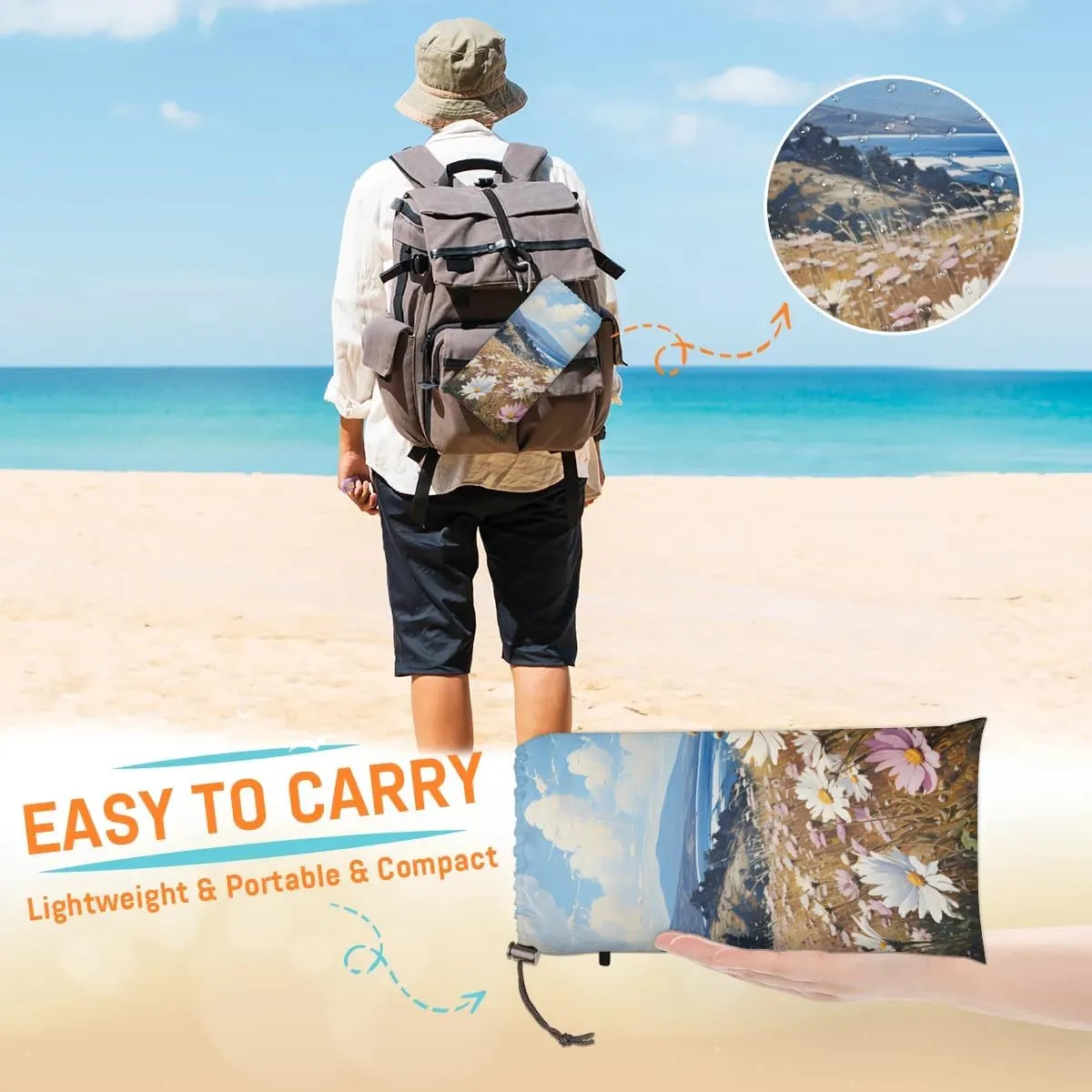Beach Blanket, Spring Summer Daisy Flower Sandproof Beach Mat, Waterproof Quick Drying Sand Free Mat with 4 x Ground Spikes for Outdoor Travel Camping Hiking, Wildflowers 68 x 59 in