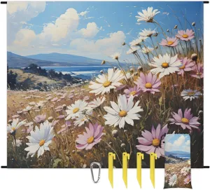 Beach Blanket, Spring Summer Daisy Flower Sandproof Beach Mat, Waterproof Quick Drying Sand Free Mat with 4 x Ground Spikes for Outdoor Travel Camping Hiking, Wildflowers 68 x 59 in