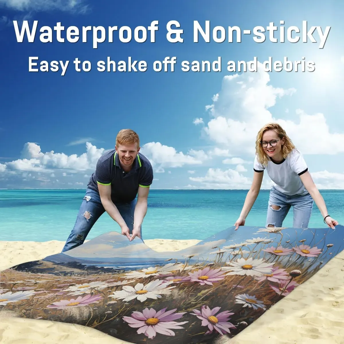 Beach Blanket, Spring Summer Daisy Flower Sandproof Beach Mat, Waterproof Quick Drying Sand Free Mat with 4 x Ground Spikes for Outdoor Travel Camping Hiking, Wildflowers 68 x 59 in