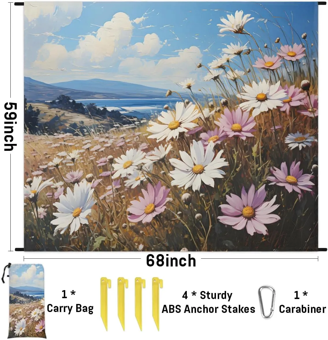 Beach Blanket, Spring Summer Daisy Flower Sandproof Beach Mat, Waterproof Quick Drying Sand Free Mat with 4 x Ground Spikes for Outdoor Travel Camping Hiking, Wildflowers 68 x 59 in