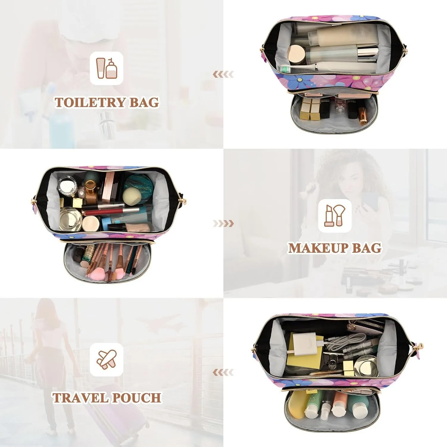 Beautiful Flower Peach and Blue Toiletry Bag Waterproof Travel Makeup Bag Women Coin Purse for Travel Accessories
