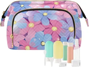 Beautiful Flower Peach and Blue Toiletry Bag Waterproof Travel Makeup Bag Women Coin Purse for Travel Accessories