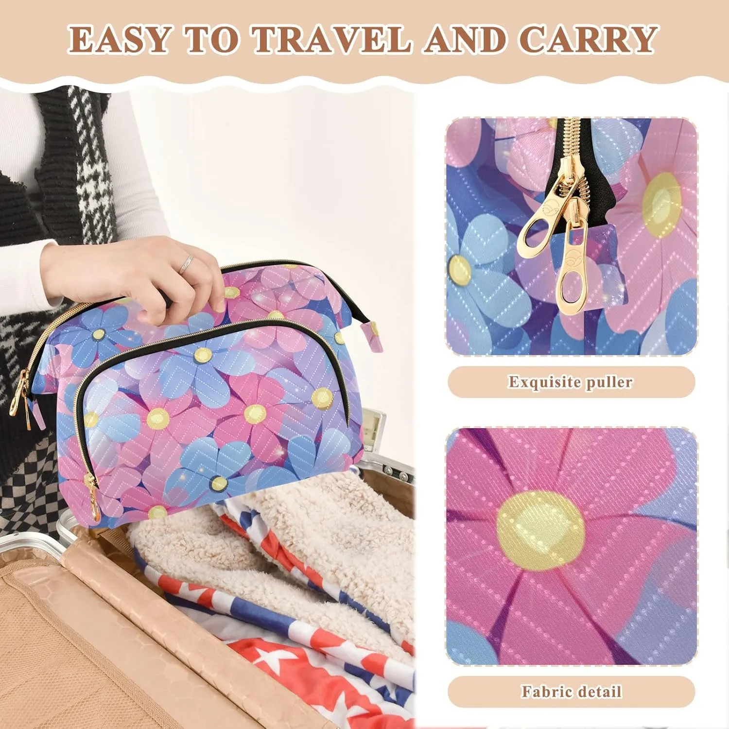 Beautiful Flower Peach and Blue Toiletry Bag Waterproof Travel Makeup Bag Women Coin Purse for Travel Accessories