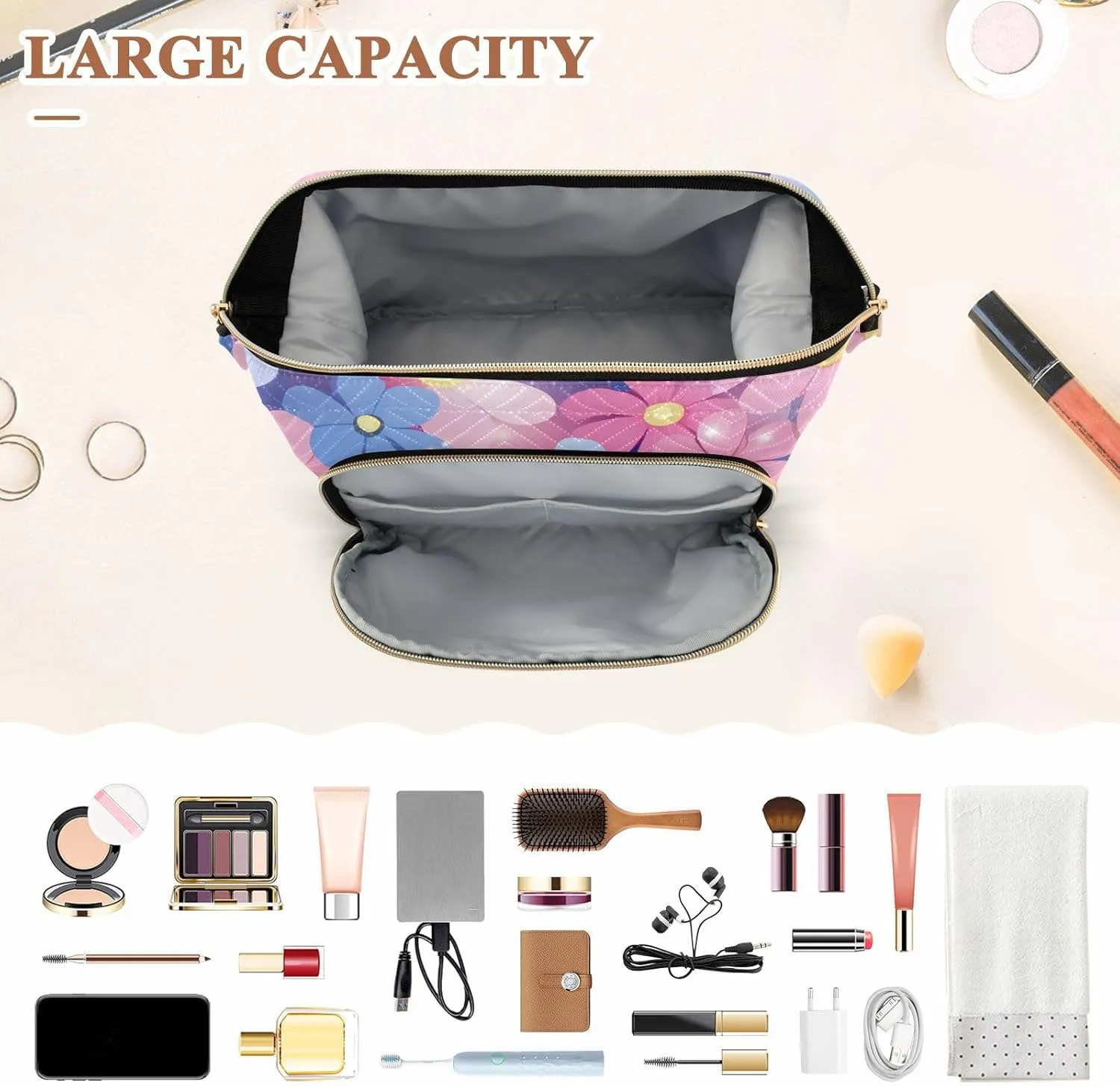 Beautiful Flower Peach and Blue Toiletry Bag Waterproof Travel Makeup Bag Women Coin Purse for Travel Accessories