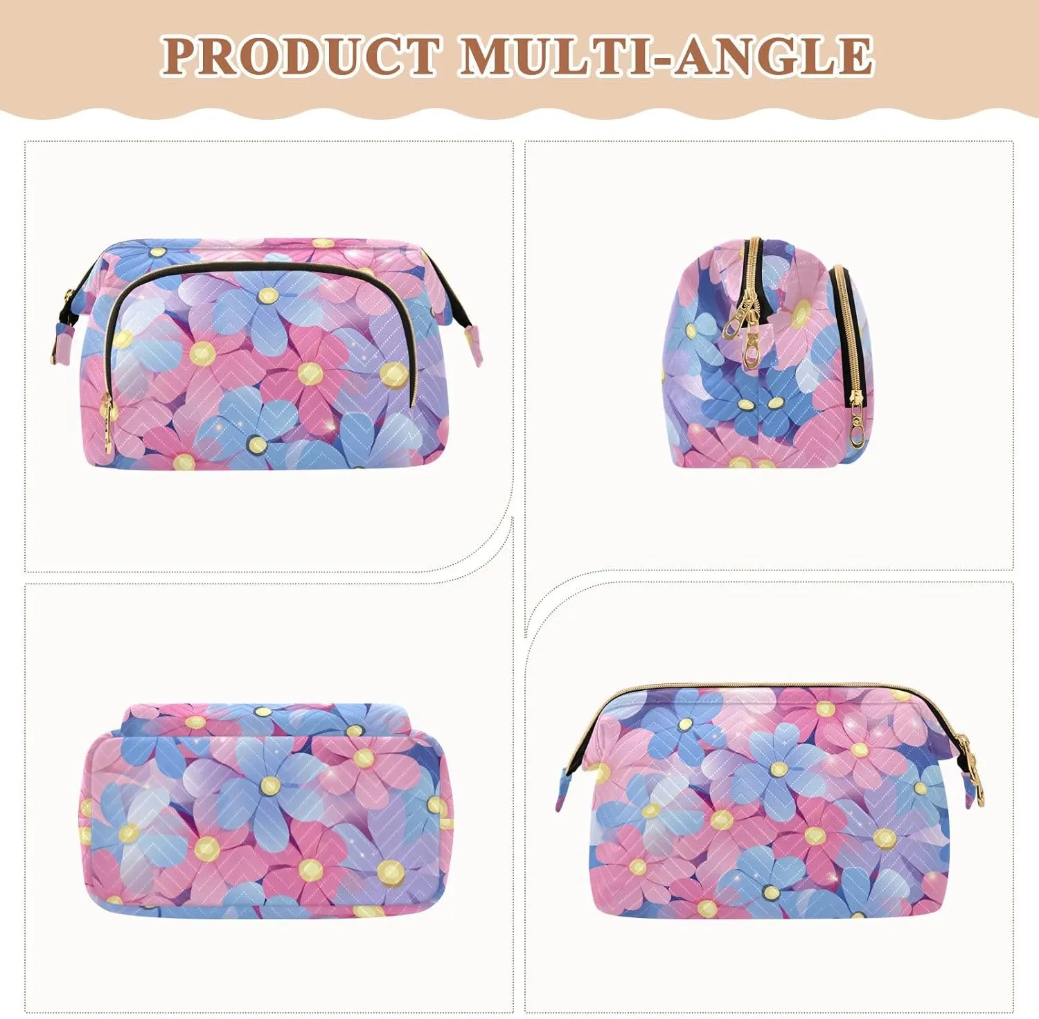 Beautiful Flower Peach and Blue Toiletry Bag Waterproof Travel Makeup Bag Women Coin Purse for Travel Accessories