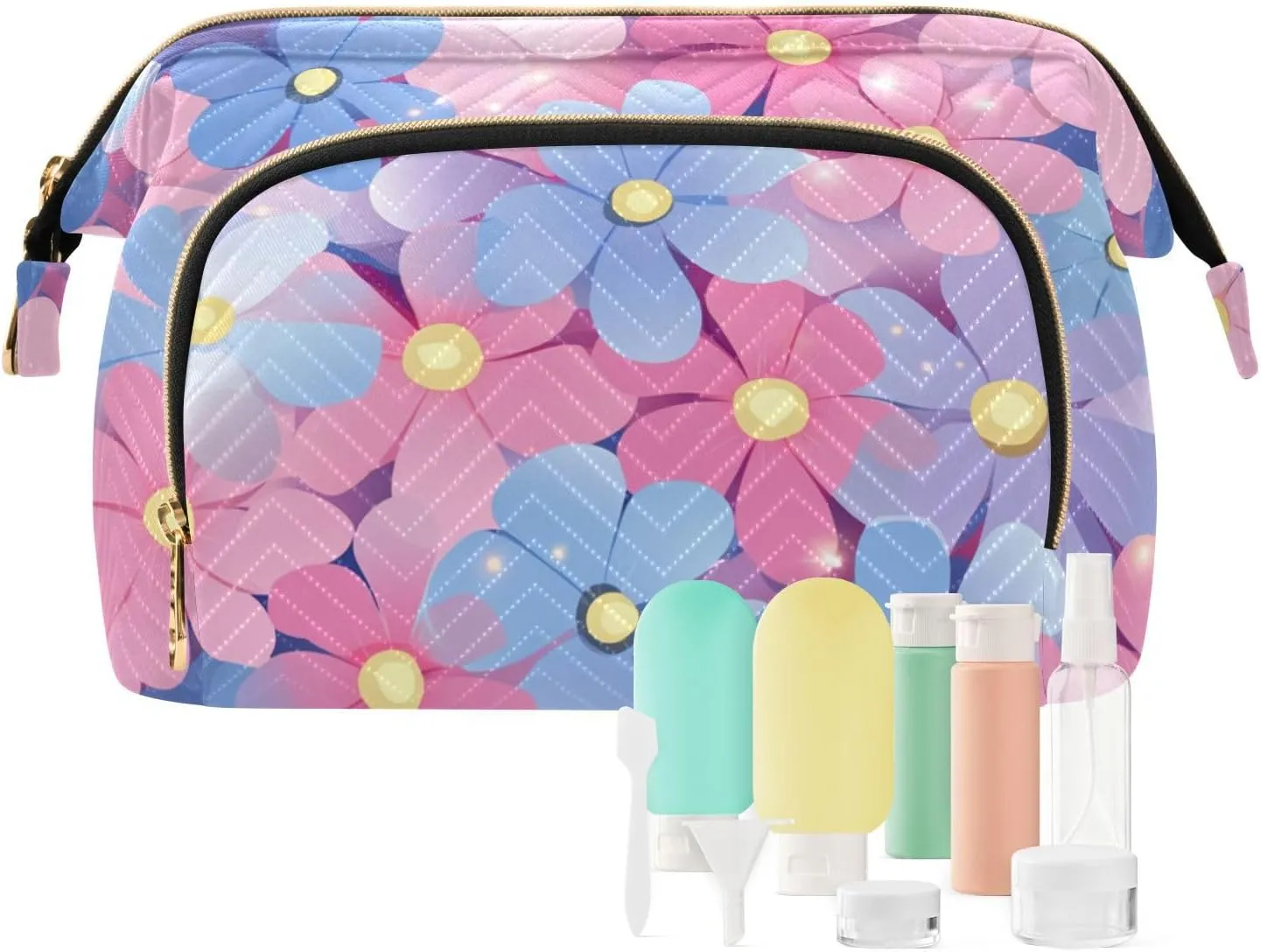 Beautiful Flower Peach and Blue Toiletry Bag Waterproof Travel Makeup Bag Women Coin Purse for Travel Accessories