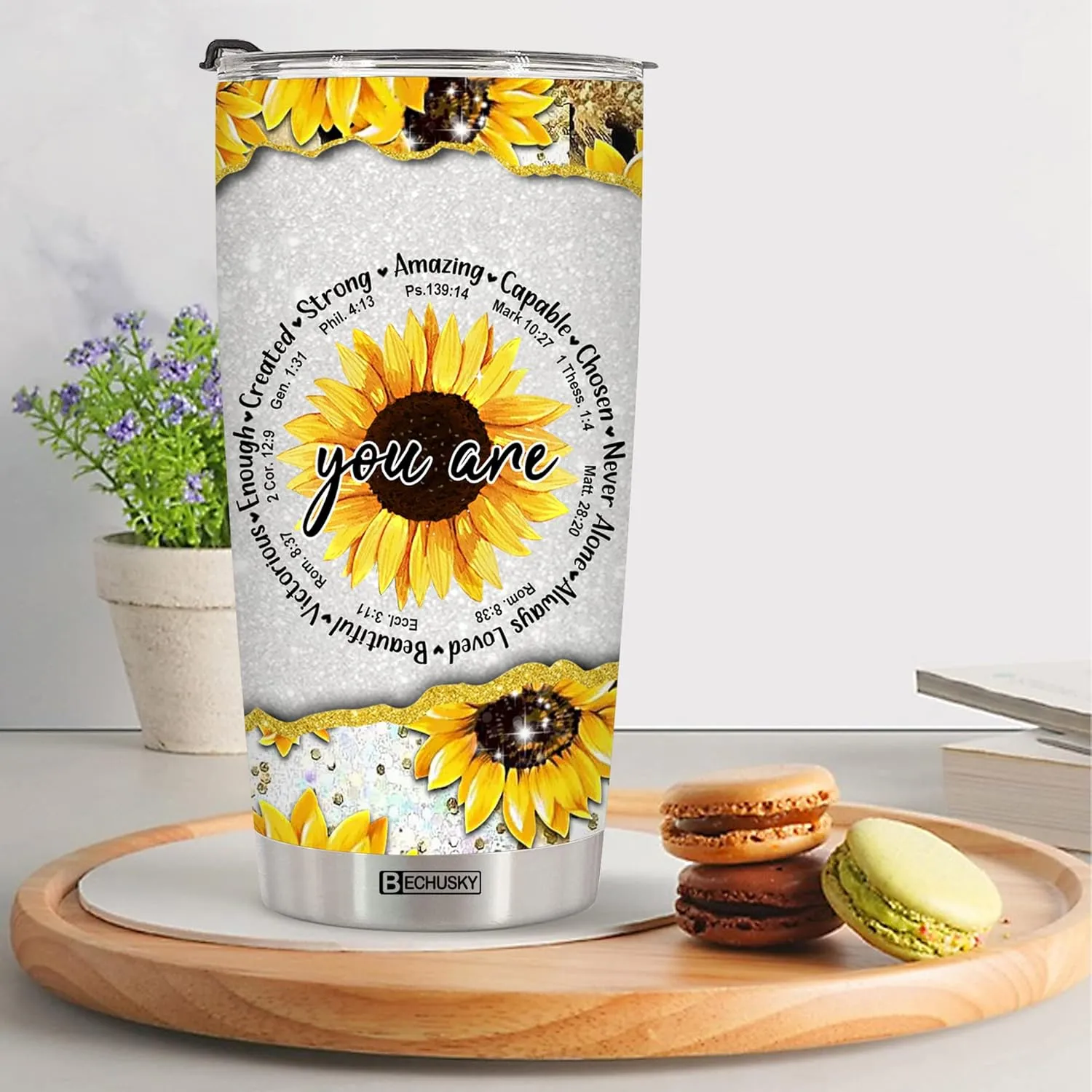 BECHUSKY Christian Tumbler Bible Verse Flower Gifts For Women Faith Inspirational Religious Girl Mom On Birthday Easter Christmas, 2OZ, #003-Christian Floral Yellow