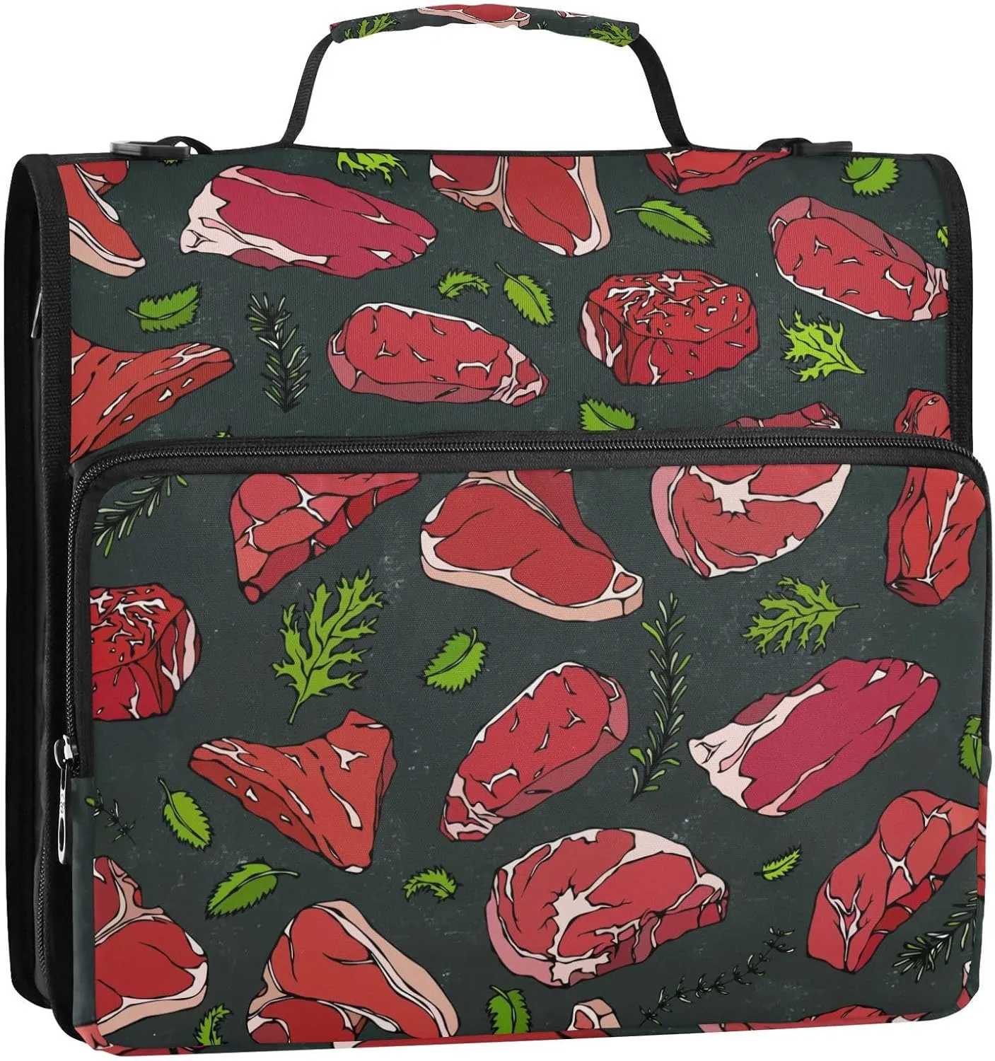 Beef Steaks Meat Spices 3 Ring Zipper Binder with Handle 1.5 inch Binder Organizer Bag, Multi Pockets Office File Folder Bag with Shoulder Strap 500 Sheet Capacity