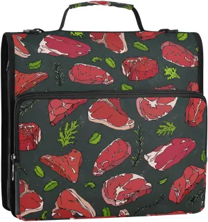 Beef Steaks Meat Spices 3 Ring Zipper Binder with Handle 1.5 inch Binder Organizer Bag, Multi Pockets Office File Folder Bag with Shoulder Strap 500 Sheet Capacity