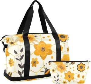Bees with Flower Versatile Sports Travel Bag - Lasting Twill Tote, Removable Wheel & Rod Bagging, Multi-pocket Design, Complimentary Makeup Bag