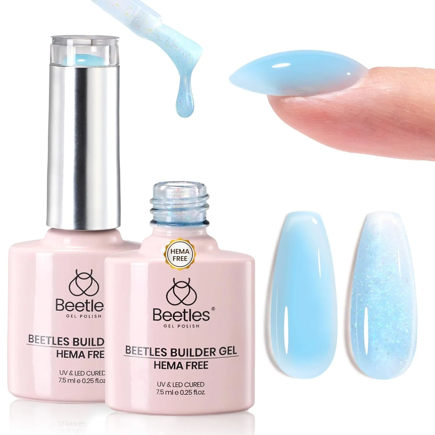 Beetles Builder Gel 7 in 1 Clear Builder Nail Gel Set, 2Pcs 15Ml Building Nail Gel for Nail Apex and Extension Strengthener Hard Gel Brush in Bottle, Led Lamp Gel Rhinestone Valentines Day Gifts