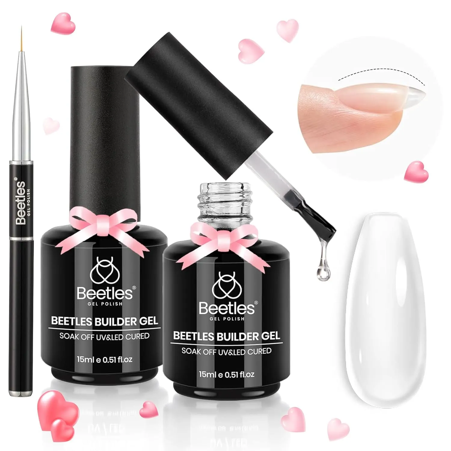 Beetles Builder Gel 7 in 1 Clear Builder Nail Gel Set, 2Pcs 15Ml Building Nail Gel for Nail Apex and Extension Strengthener Hard Gel Brush in Bottle, Led Lamp Gel Rhinestone Valentines Day Gifts