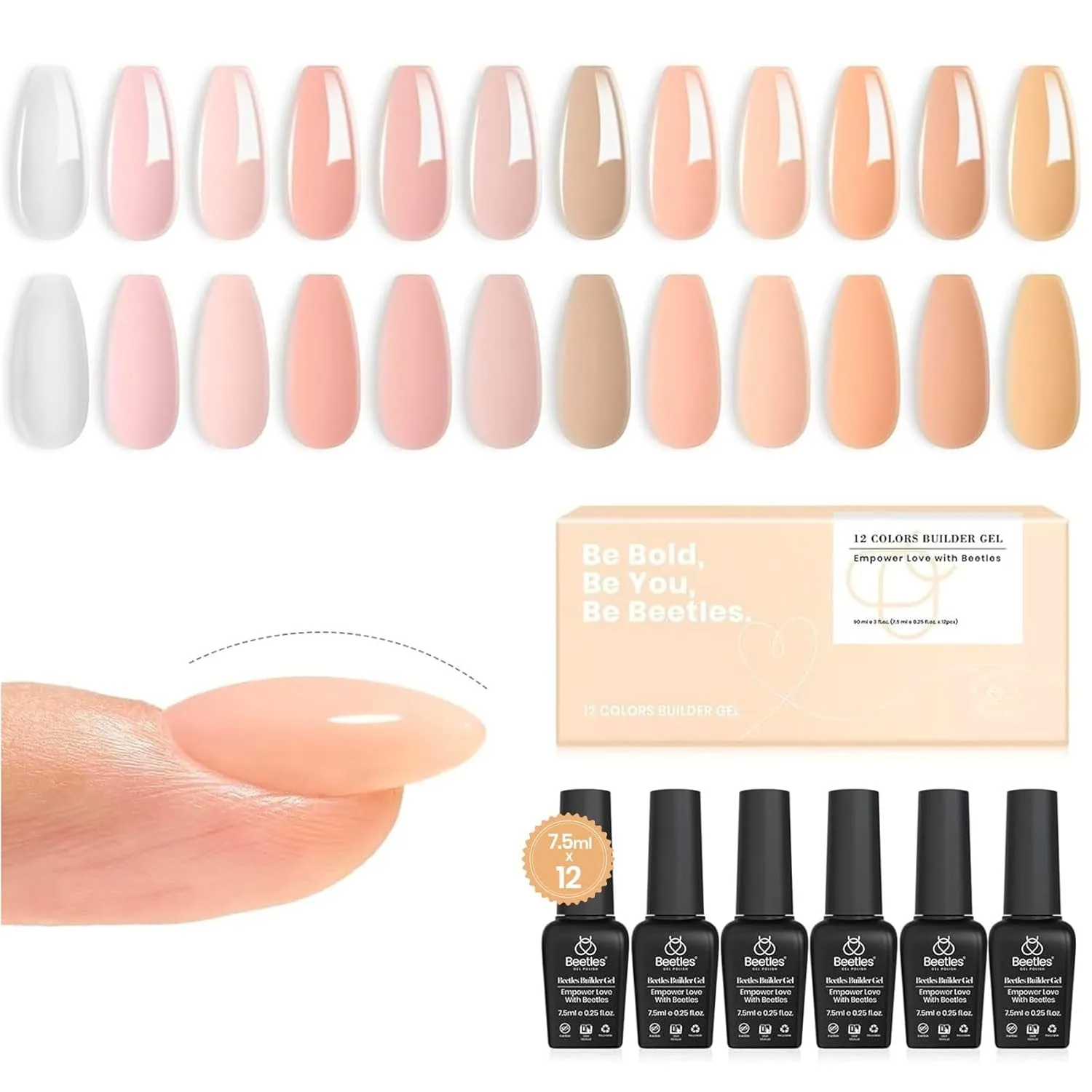 Beetles Builder Gel 7 in 1 Clear Builder Nail Gel Set, 2Pcs 15Ml Building Nail Gel for Nail Apex and Extension Strengthener Hard Gel Brush in Bottle, Led Lamp Gel Rhinestone