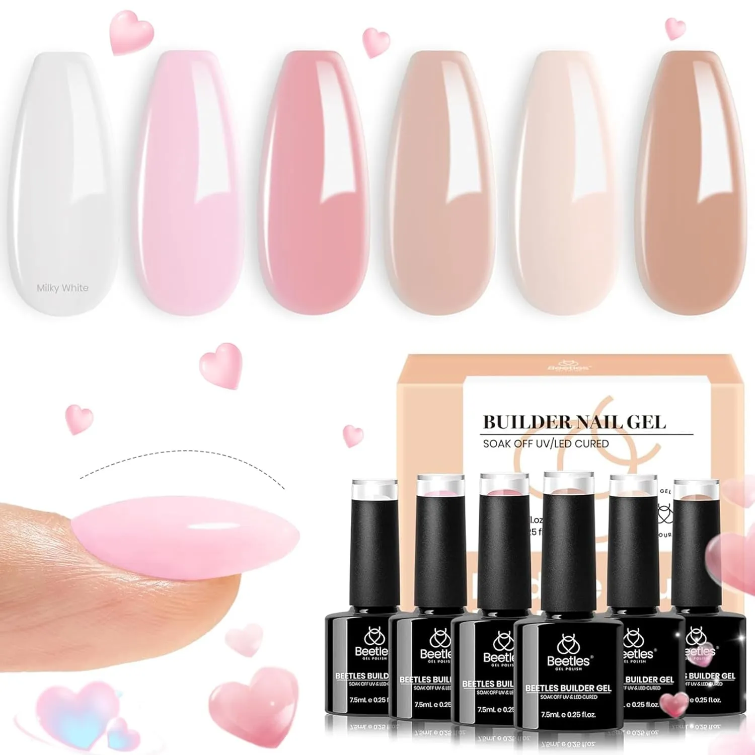 Beetles Builder Gel 7 in 1 Clear Builder Nail Gel Set, 2Pcs 15Ml Building Nail Gel for Nail Apex and Extension Strengthener Hard Gel Brush in Bottle, Led Lamp Gel Rhinestone