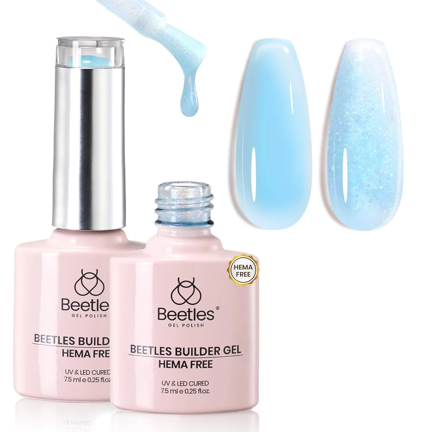 Beetles Builder Gel 7 in 1 Clear Builder Nail Gel Set, 2Pcs 15Ml Building Nail Gel for Nail Apex and Extension Strengthener Hard Gel Brush in Bottle, Led Lamp Gel Rhinestone
