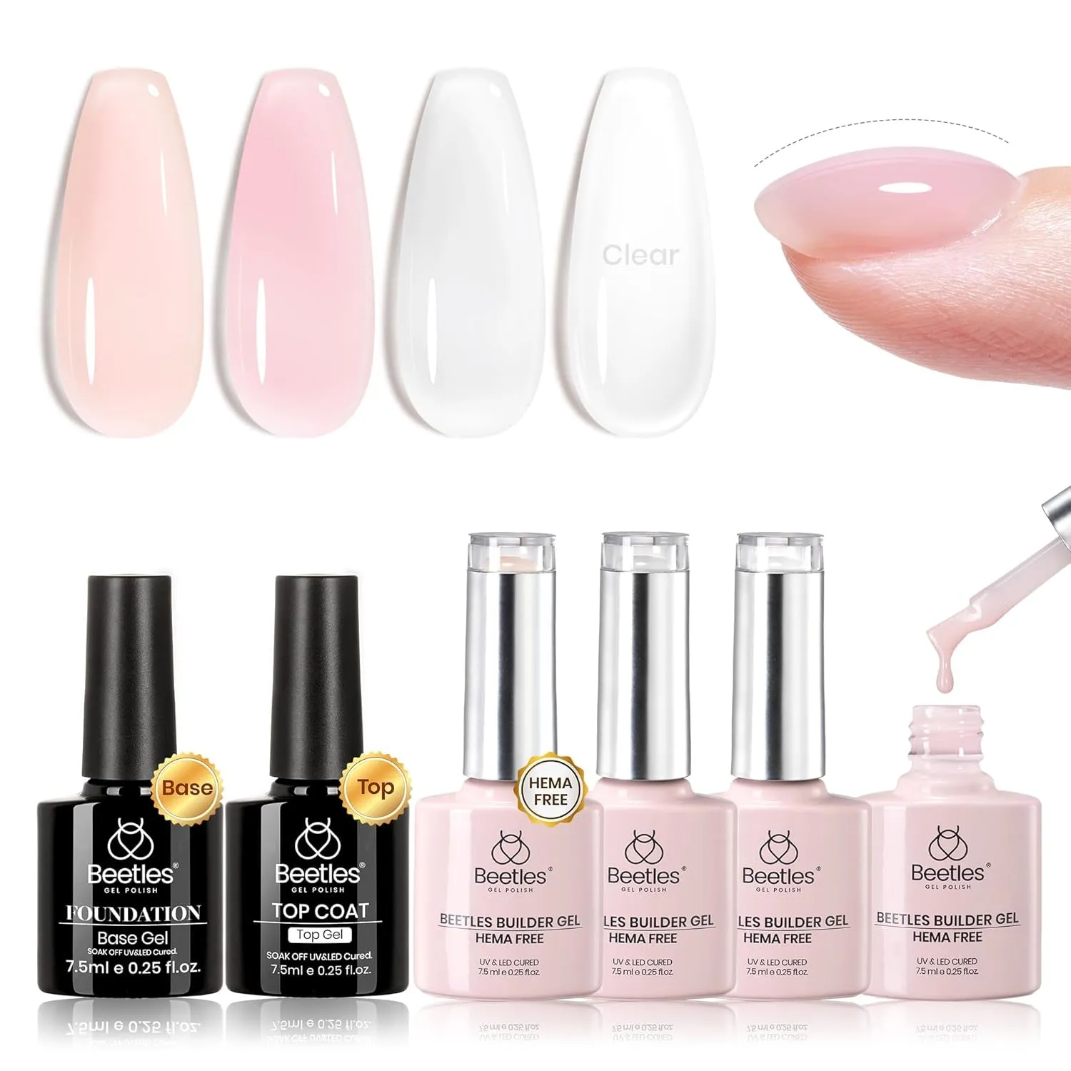 Beetles Builder Gel 7 in 1 Clear Builder Nail Gel Set, 2Pcs 15Ml Building Nail Gel for Nail Apex and Extension Strengthener Hard Gel Brush in Bottle, Led Lamp Gel Rhinestone