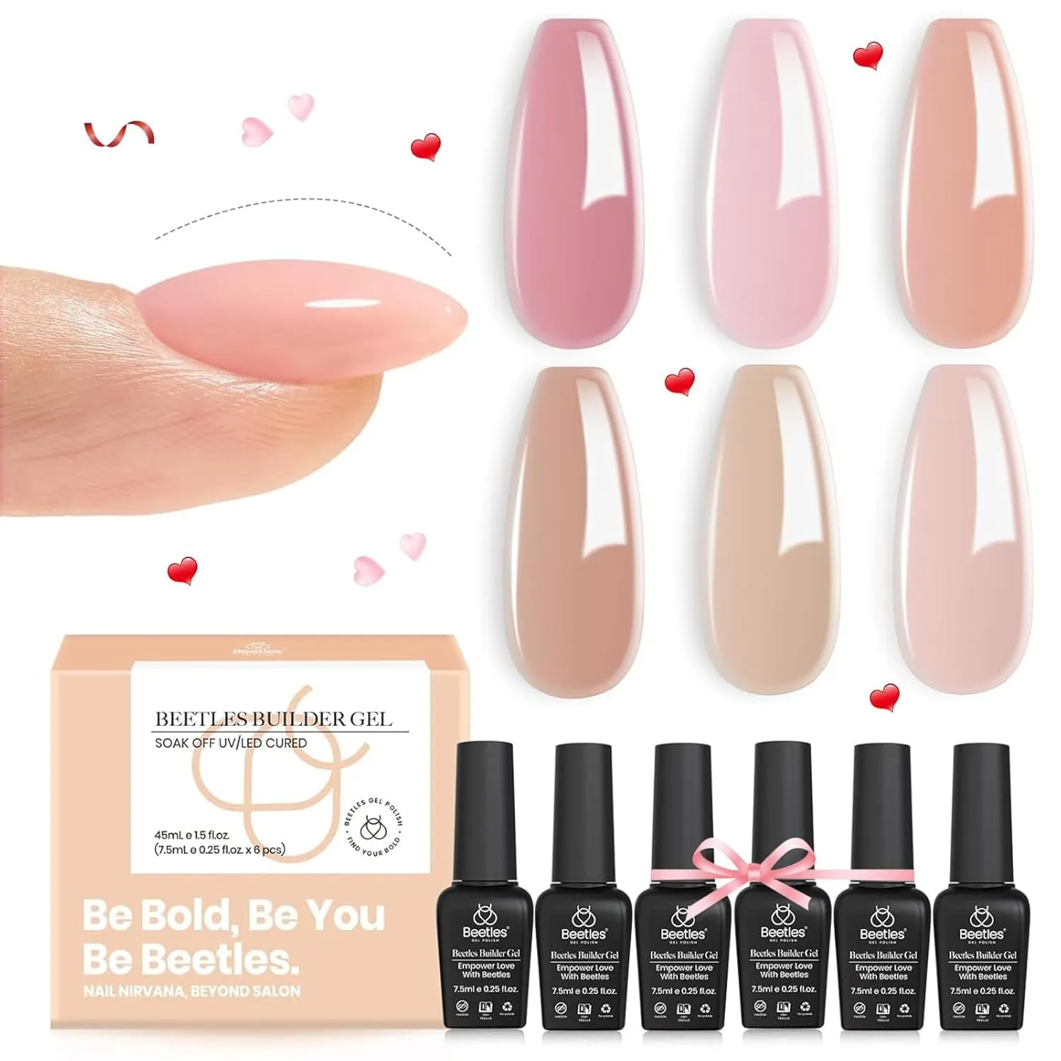Beetles Builder Gel 7 in 1 Clear Builder Nail Gel Set, 2Pcs 15Ml Building Nail Gel for Nail Apex and Extension Strengthener Hard Gel Brush in Bottle, Led Lamp Gel Rhinestone