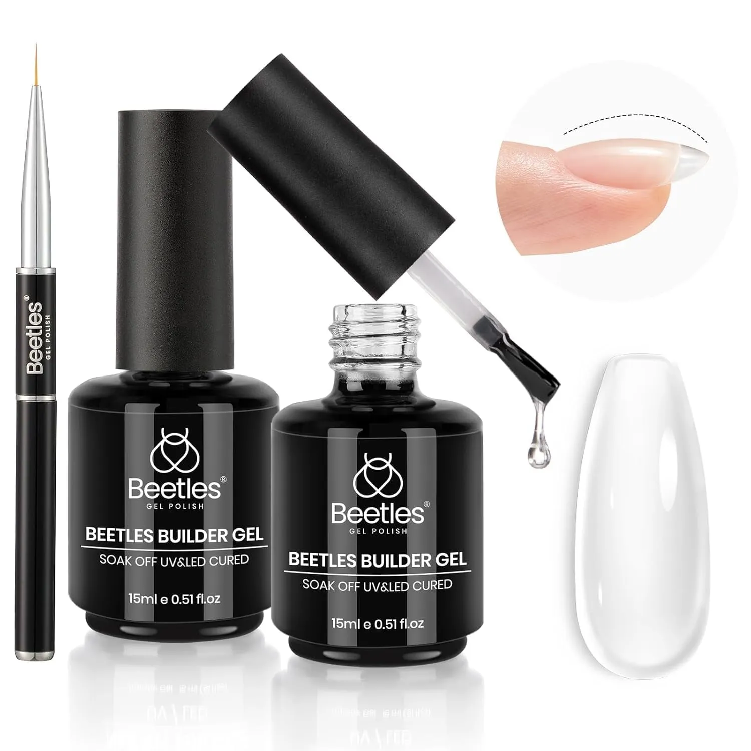 Beetles Builder Gel 7 in 1 Clear Builder Nail Gel Set, 2Pcs 15Ml Building Nail Gel for Nail Apex and Extension Strengthener Hard Gel Brush in Bottle, Led Lamp Gel Rhinestone