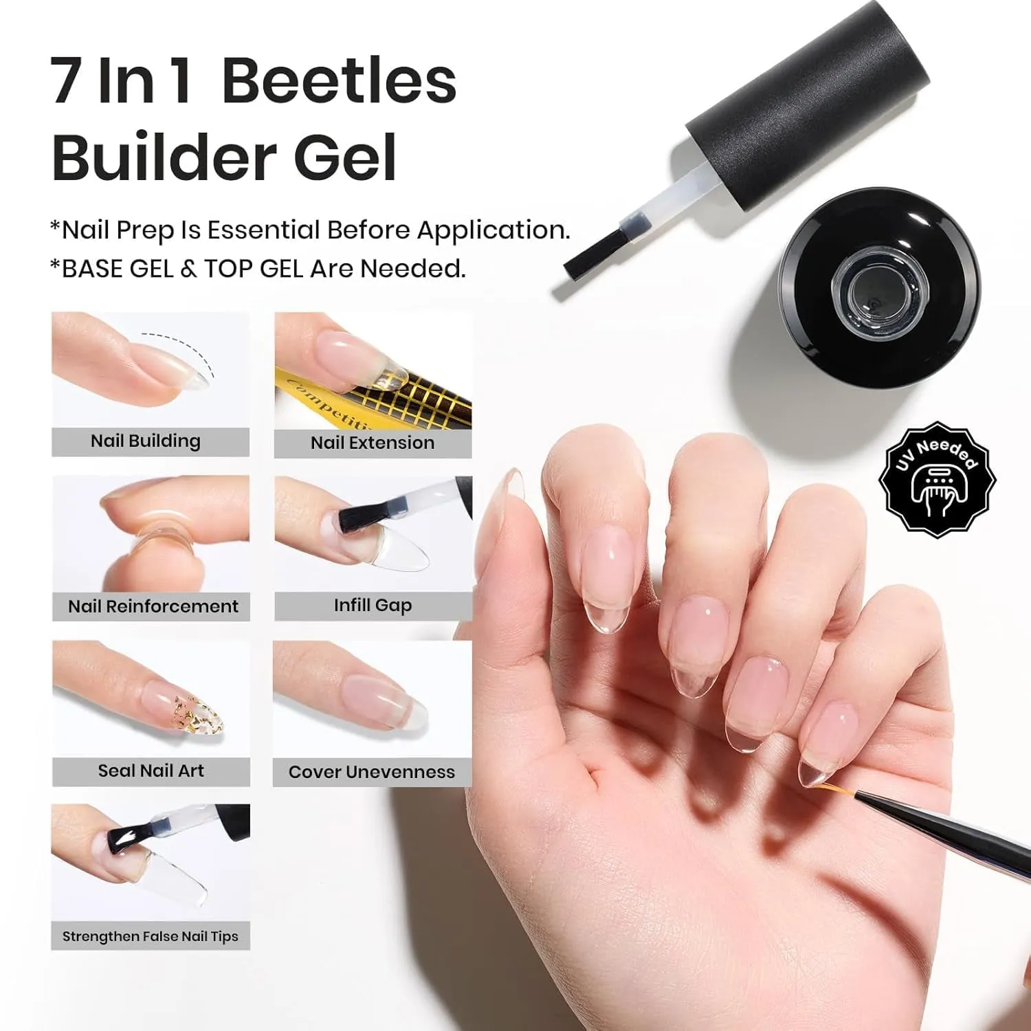 Beetles Builder Gel 7 in 1 Clear Builder Nail Gel Set, 2Pcs 15Ml Building Nail Gel for Nail Apex and Extension Strengthener Hard Gel Brush in Bottle, Led Lamp Gel Rhinestone
