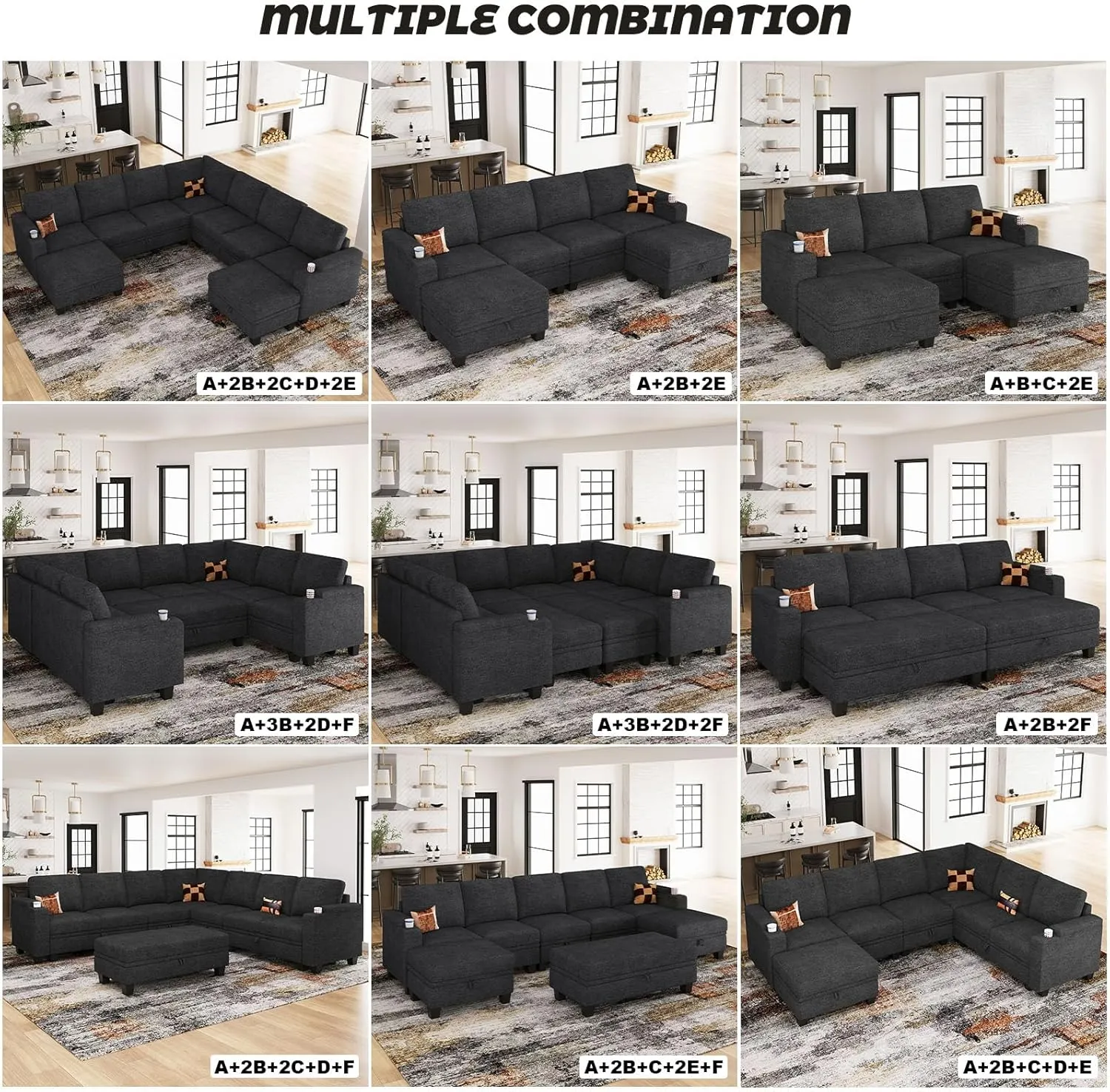 Belffin Modular Sectional Sofa Couch with Storage U Shape Convertible Corner Couches for Living Room Dark Grey Couch