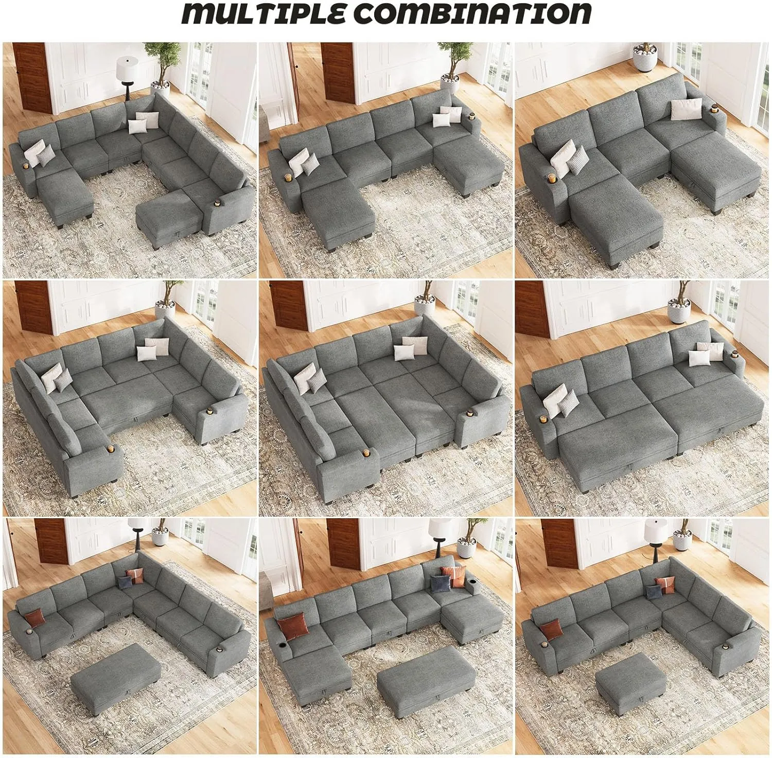 Belffin Modular Sectional Sofa Couch with Storage U Shape Convertible Corner Couches for Living Room Light Grey Couch