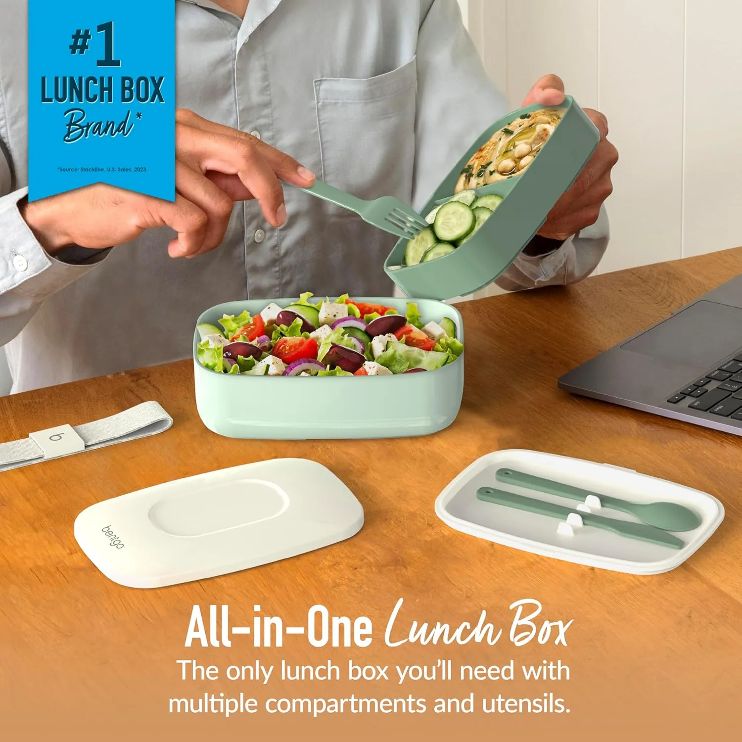 Bentgo Classic - Adult Bento Box, Stackable 3-Compartment Lunch Box with Removable Utensil Set and Sealing Strap, BPA-Free, Food Container Ideal for Meal Prep, Work, and On the Go (Khaki Green)